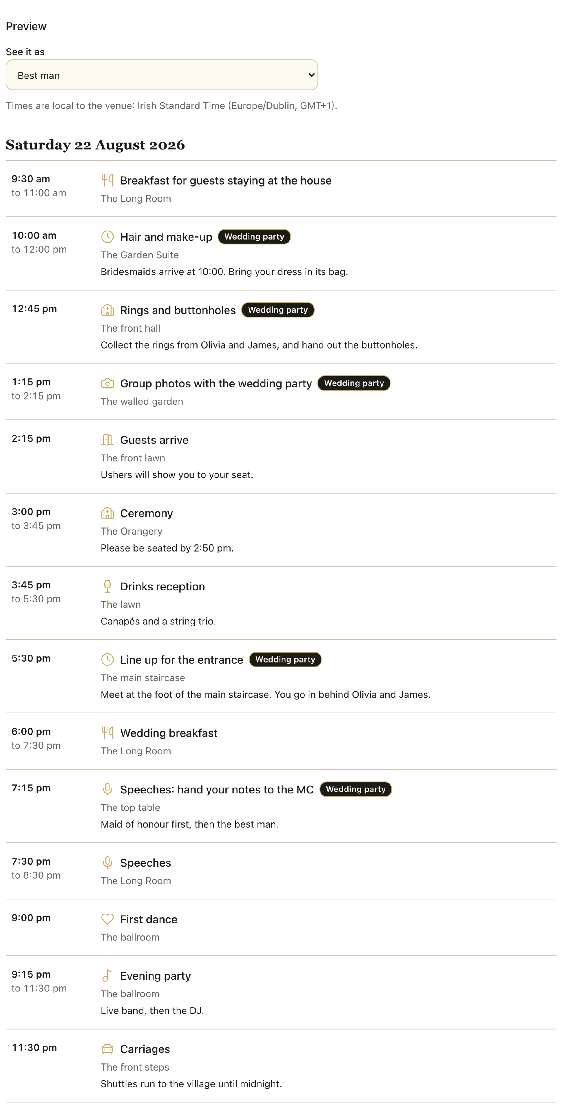 The Preview section of the host Itinerary panel with See it as set to Best man. The timeline shows the shared items plus extra items for the best man, each with a Wedding party label.