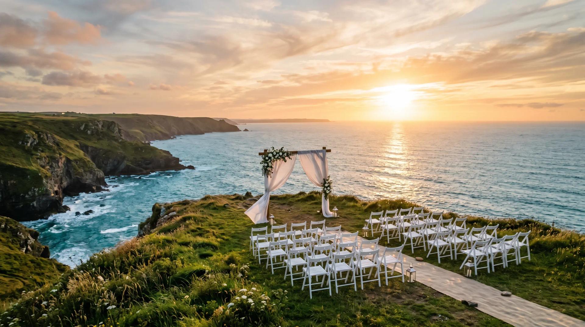 Wedding ceremony arch and chairs on a clifftop overlooking the sea at sunset