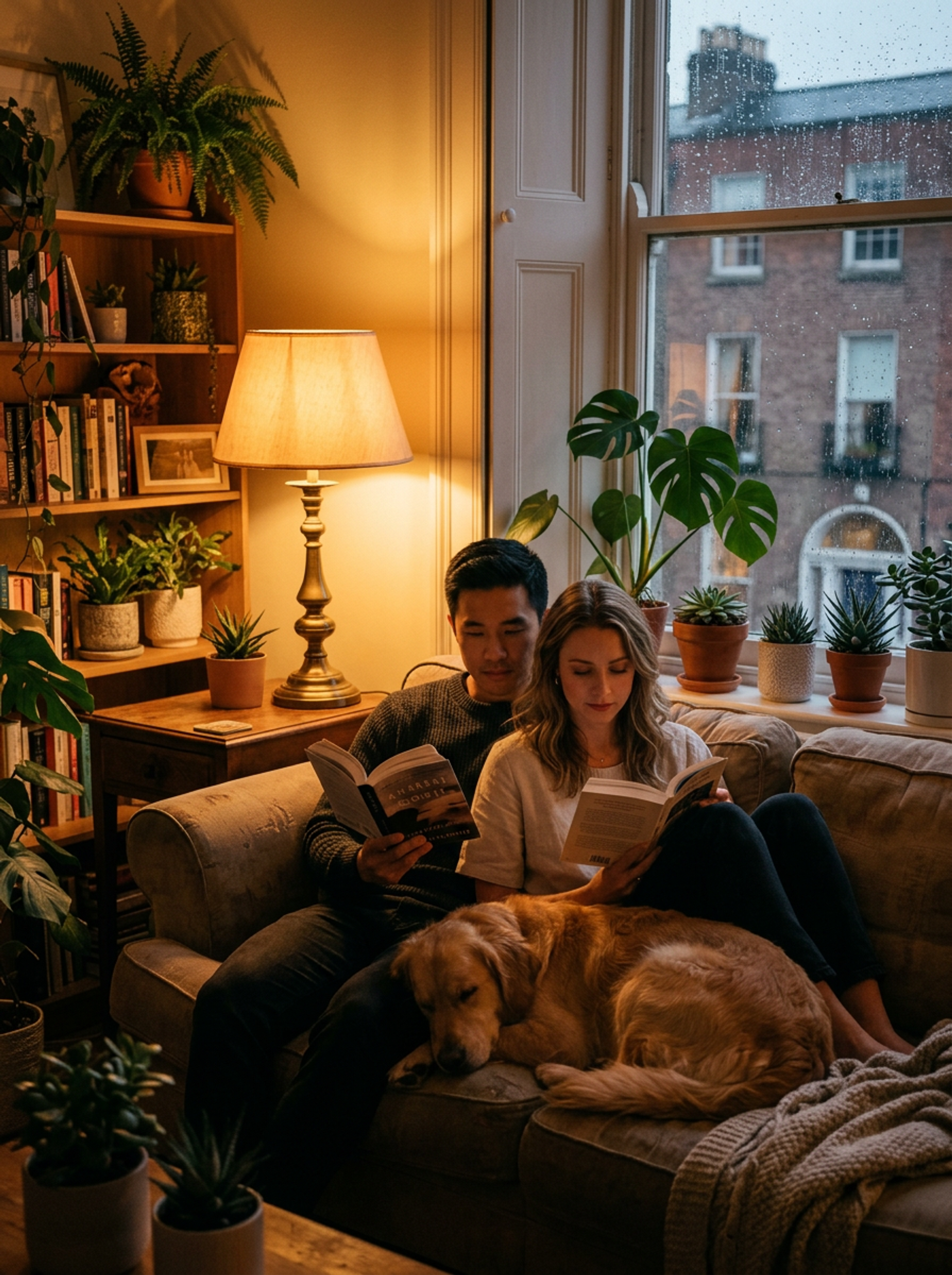 A rare quiet evening in — Olivia and James on the sofa, reading, dog curled between them