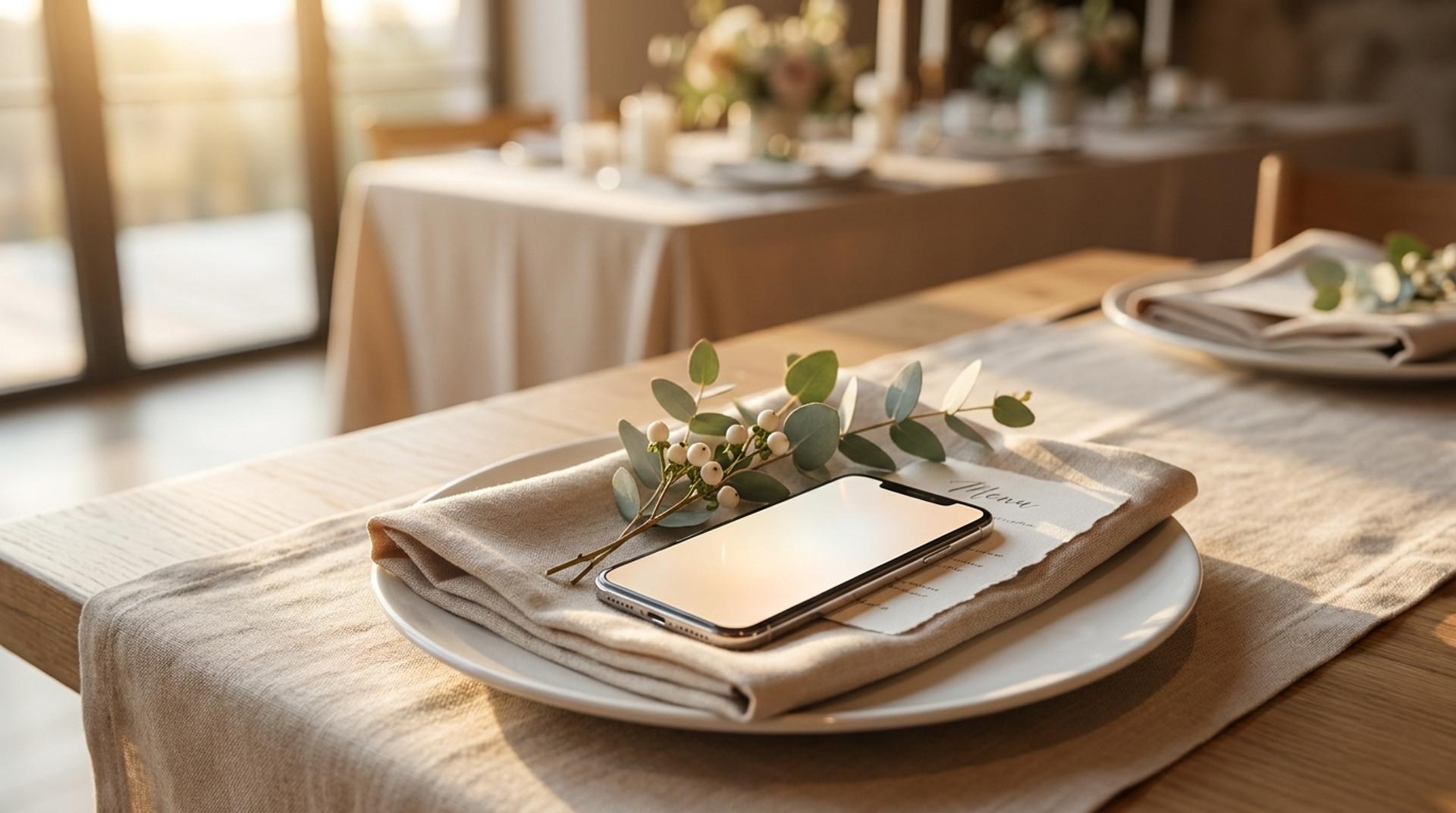 An elegant wedding place setting with a smartphone resting beside eucalyptus and a menu card, a modern paperless touch