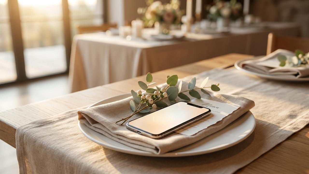 An elegant wedding place setting with a smartphone resting beside eucalyptus and a menu card, a modern paperless touch