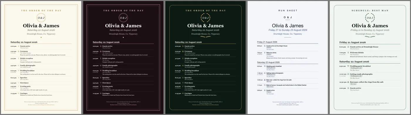 Five printed itineraries: the Signature design in cream, in a dark plum theme and in a dark green theme, then a full run sheet for suppliers with a tag beside every item, and the best man's own schedule.