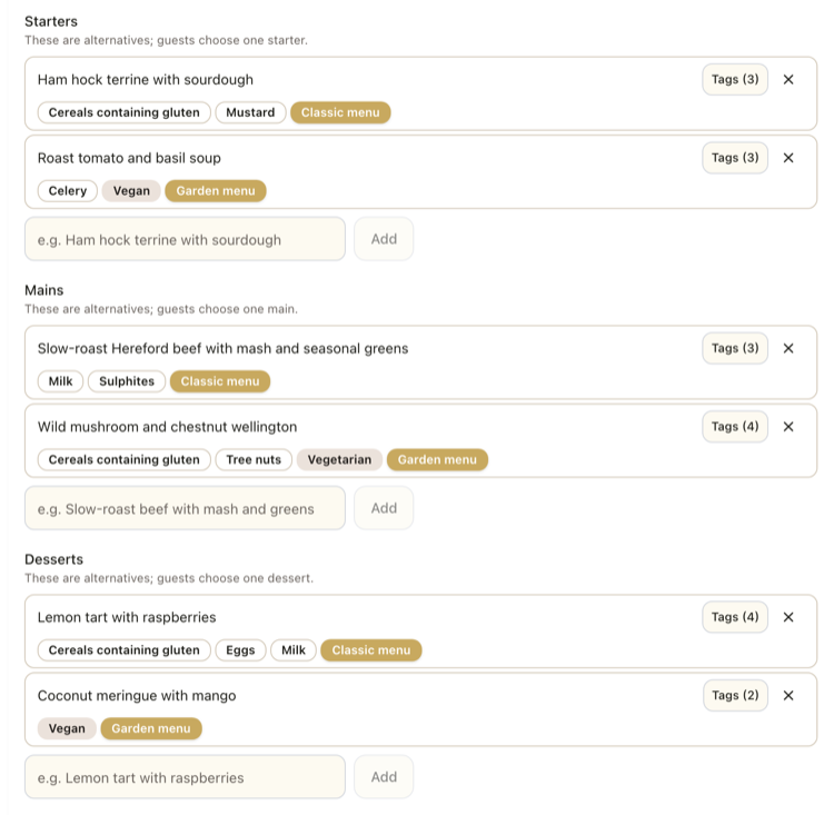 The Fizz host menu editor: starters, mains and desserts listed with allergen tags such as Cereals containing gluten and Mustard, dietary tags such as Vegan and Vegetarian, and Classic menu and Garden menu labels.