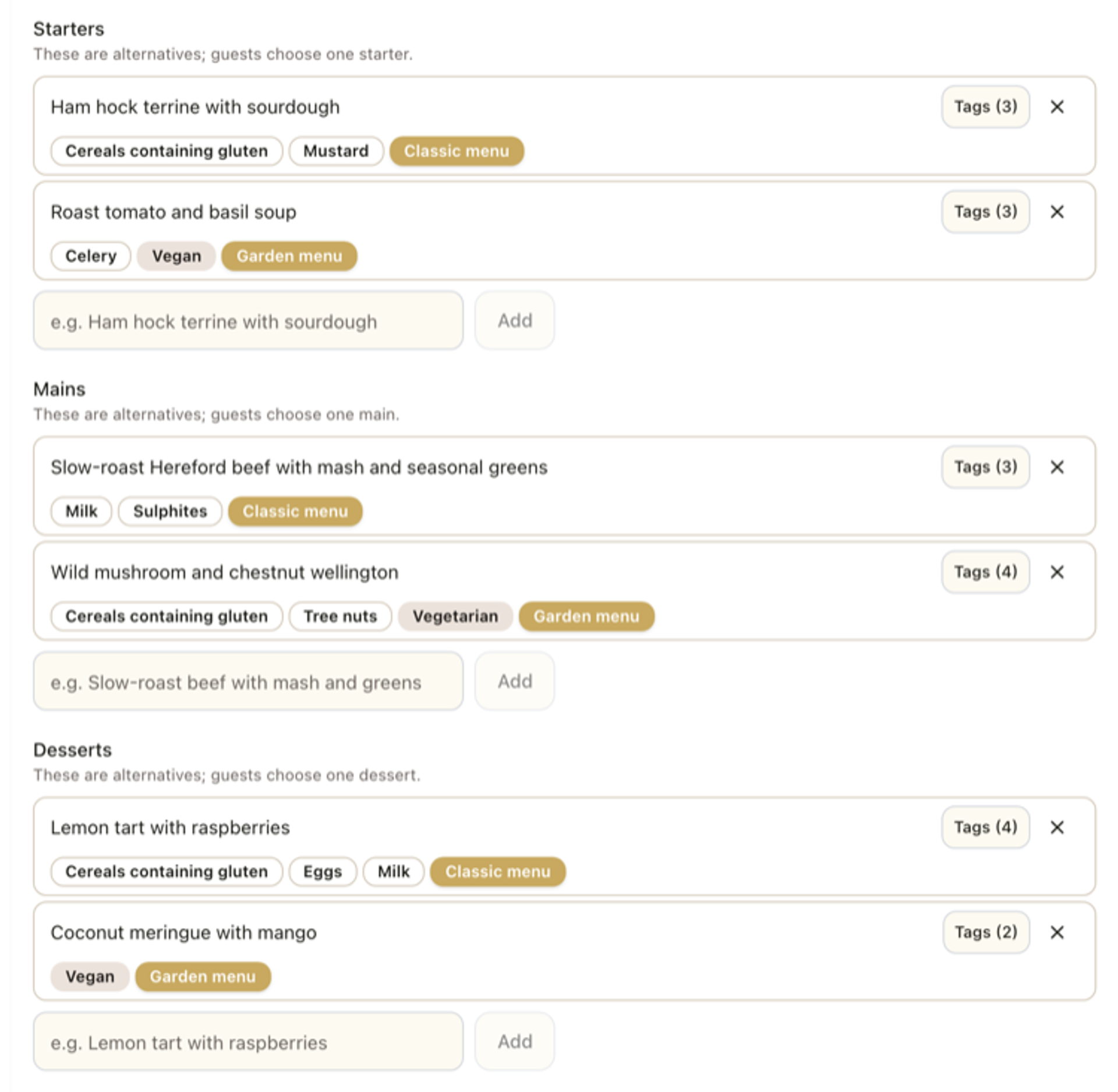 The Fizz host Menu editor, showing dishes grouped into a Classic menu and a Garden menu with allergen and dietary tags