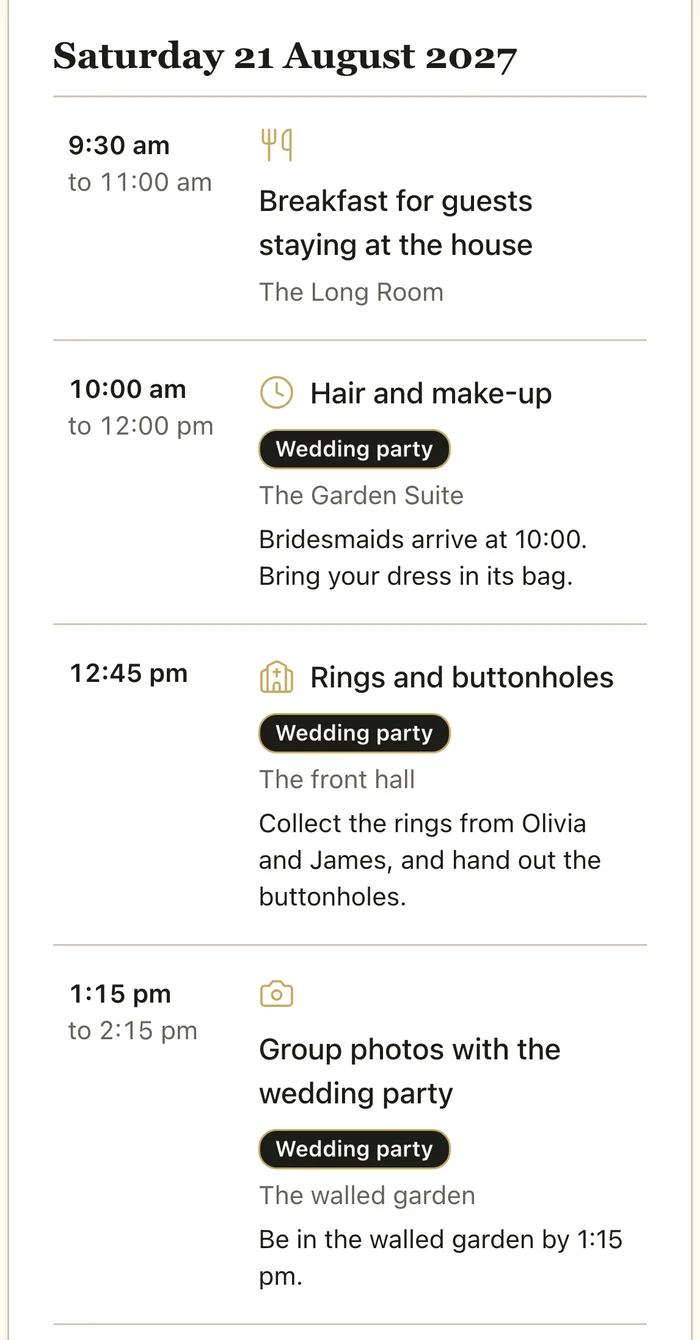 The same itinerary on the best man's phone, with his extra items marked Wedding party: hair and make-up in the Garden Suite, rings and buttonholes in the front hall, and group photos in the walled garden.