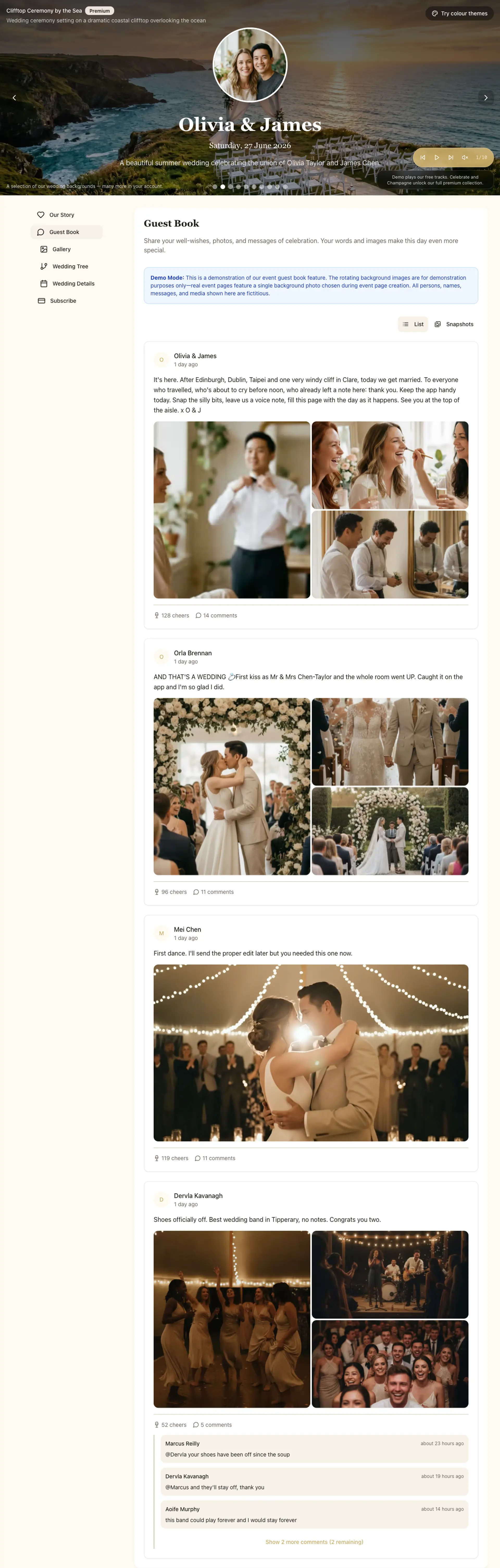 Screenshot of a Fizz wedding page: the couple getting ready, the first kiss, the first dance and the after-party
