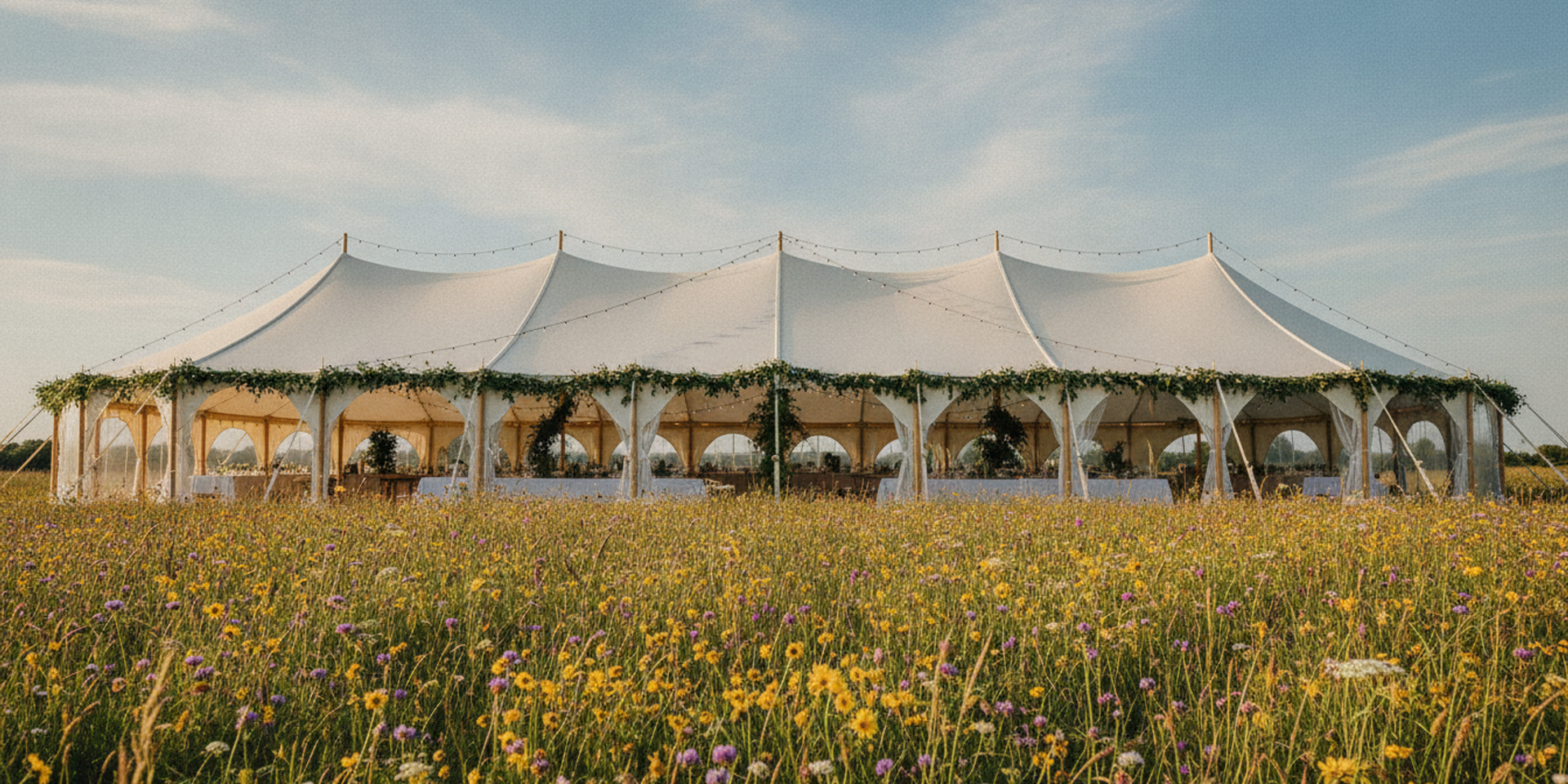 White sailcloth wedding marquee with open sides in a sunlit summer meadow