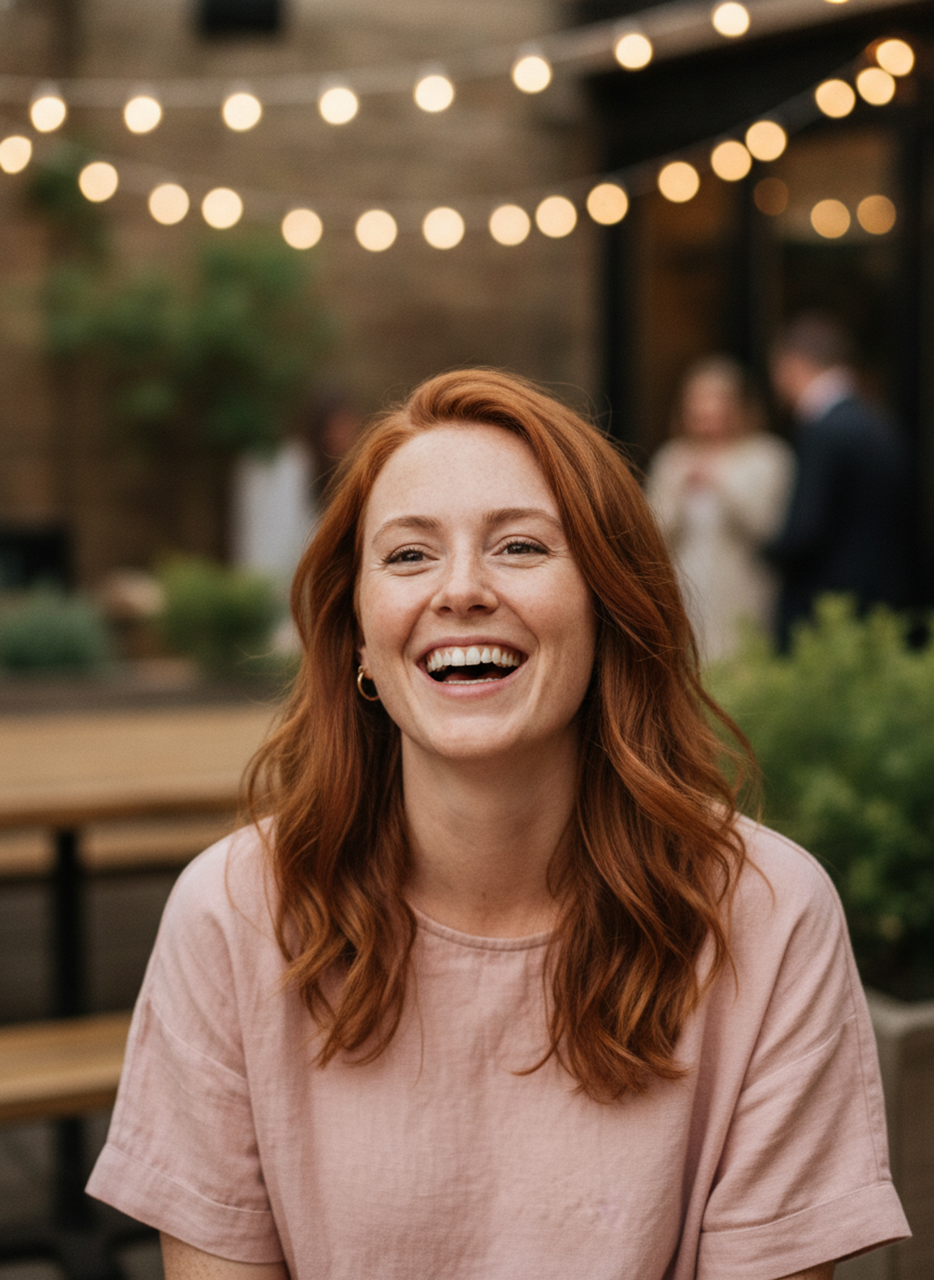 Aoife mid-laugh in a pub garden under fairy lights