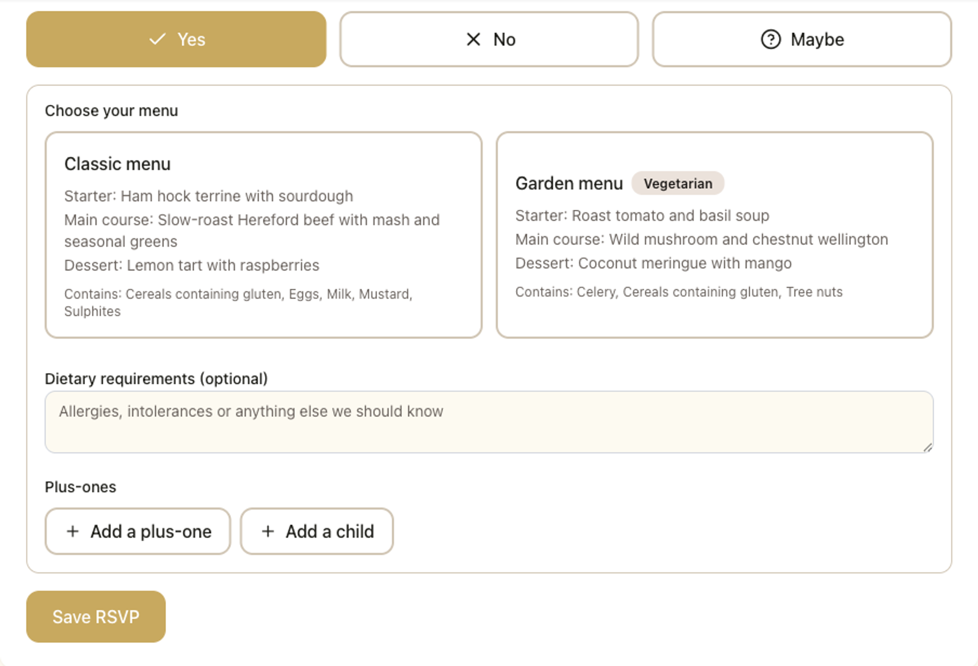 The RSVP form on a Fizz wedding website with attendance and meal choices