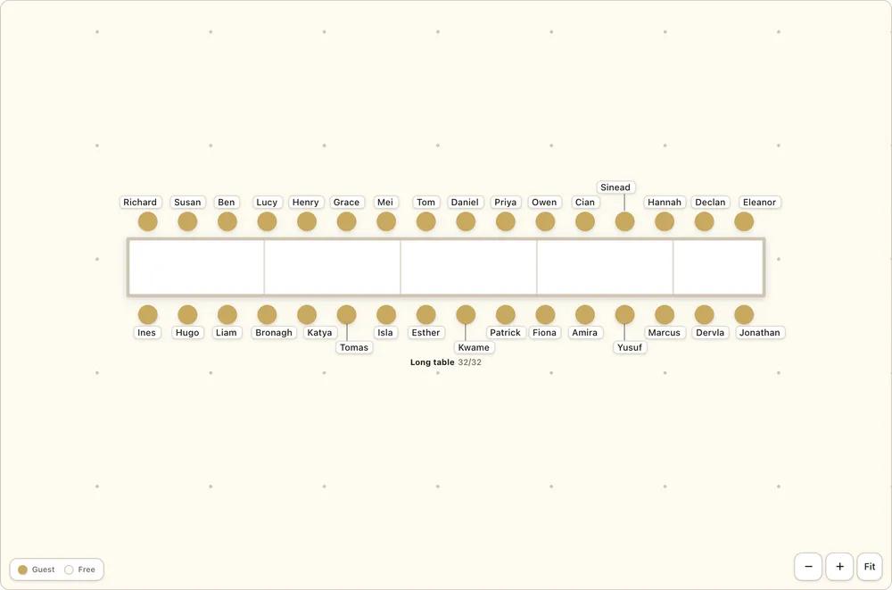 The seating planner showing one long banquet row table with 16 chairs down each side, every chair filled and named.