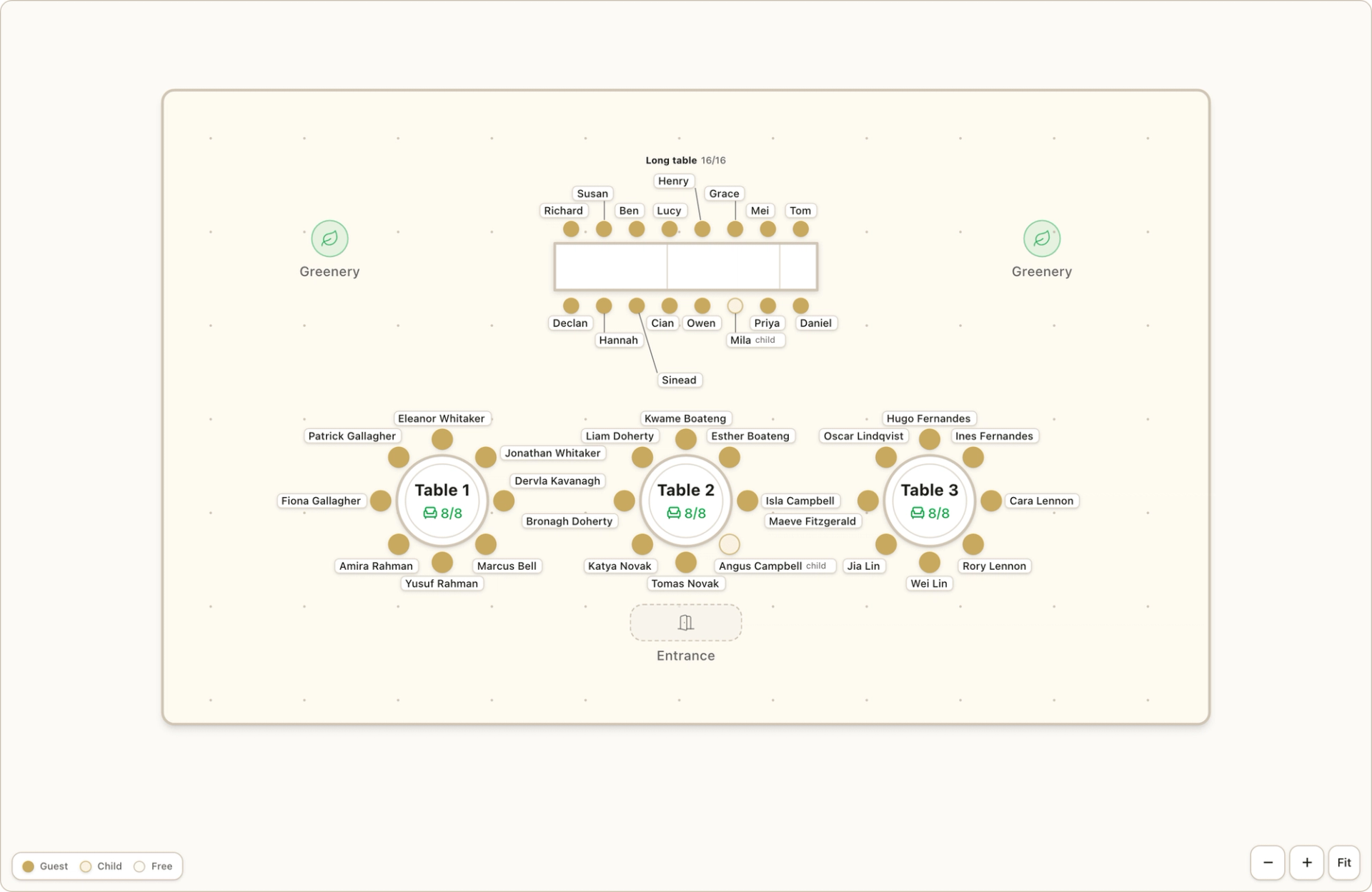 A seating plan with a long banquet table above three round tables, an entrance and greenery, and every guest named beside their chair.
