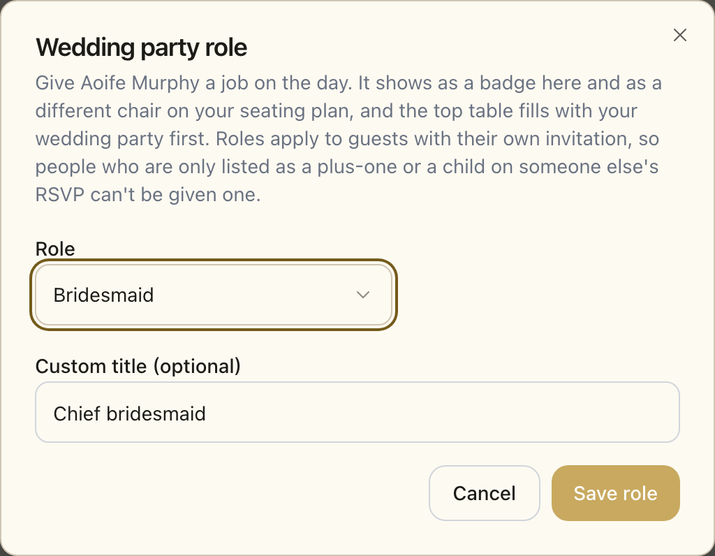 The Wedding party role dialog in the Fizz guest list, with a role and an optional custom title