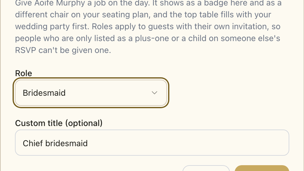 The Wedding party role dialog in the Fizz guest list, with a role and an optional custom title