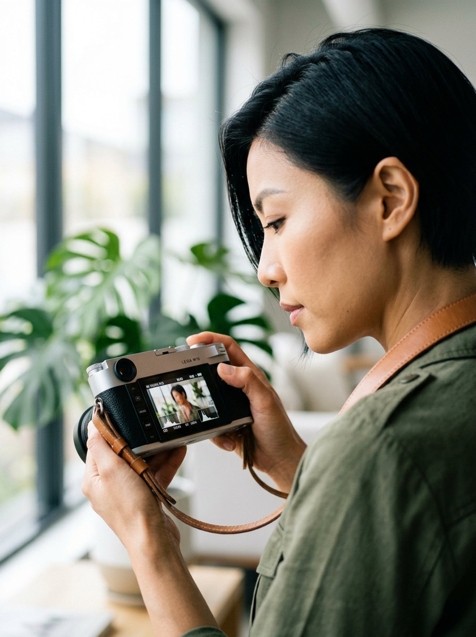 Mei behind the camera, reviewing a shot on her Leica in natural window light