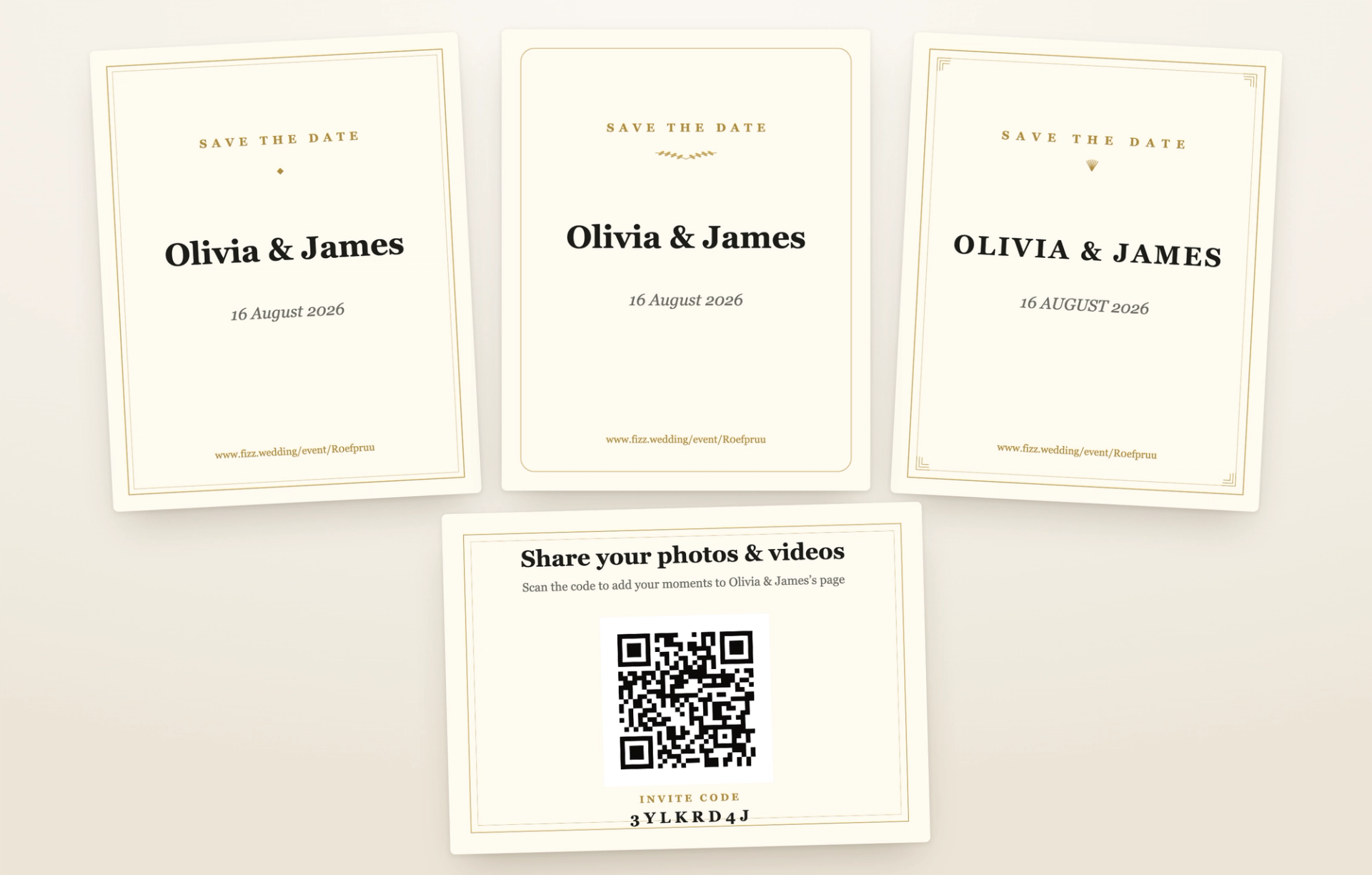 Save-the-date cards in three of Fizz's five styles beside a printable QR table card, all generated from a couple's wedding page