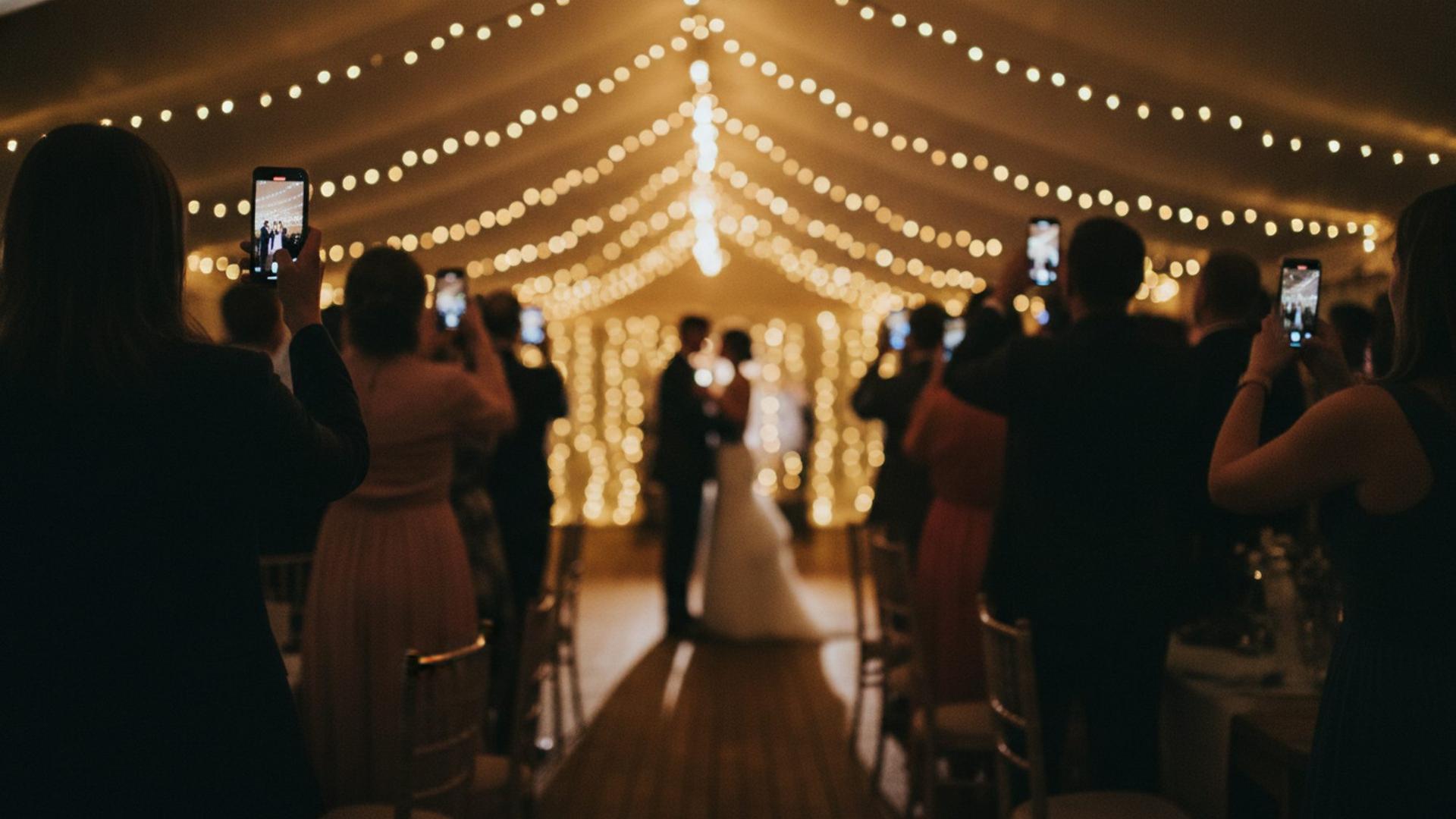 Wedding guests raising their phones to photograph the first dance under festoon lights