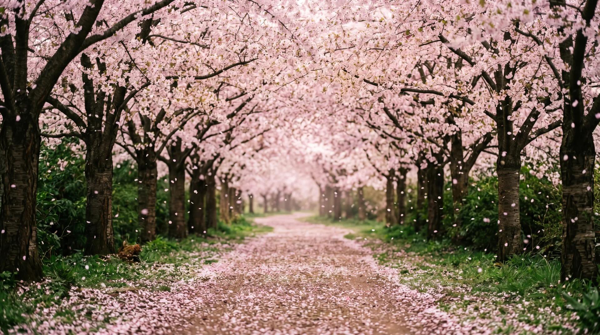 Avenue of cherry blossom trees in full bloom with petals drifting in the air