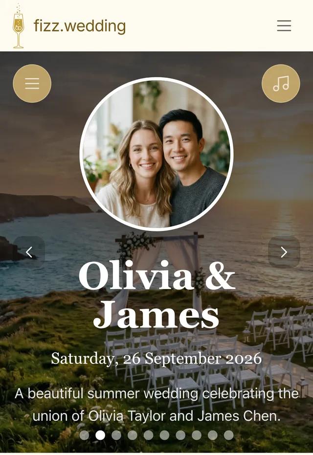 The demo couple's wedding page as a guest first sees it on their phone, with their names, date and guest book