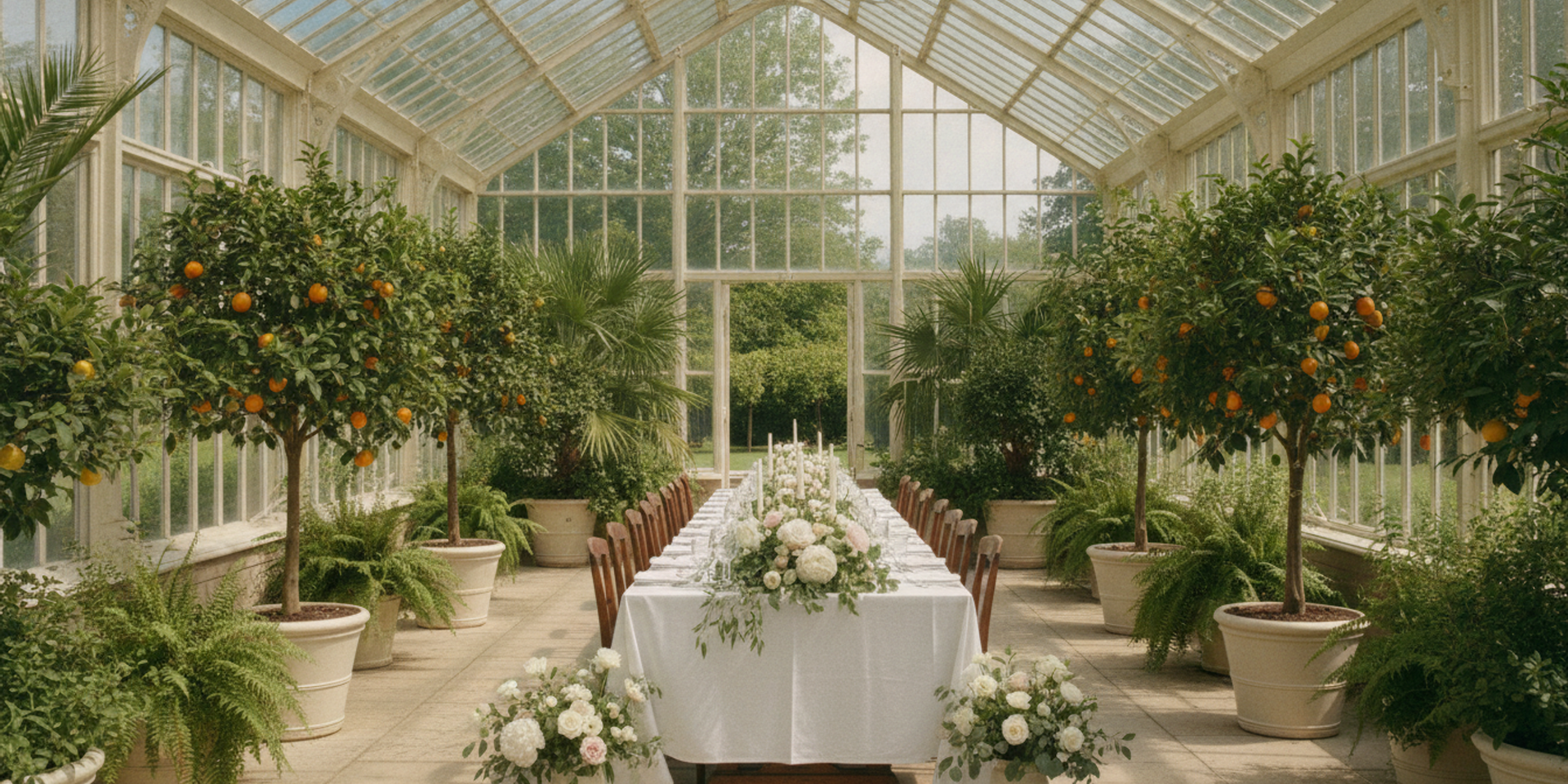 Elegant glasshouse orangery set for a wedding lunch, sunlight through the glass roof
