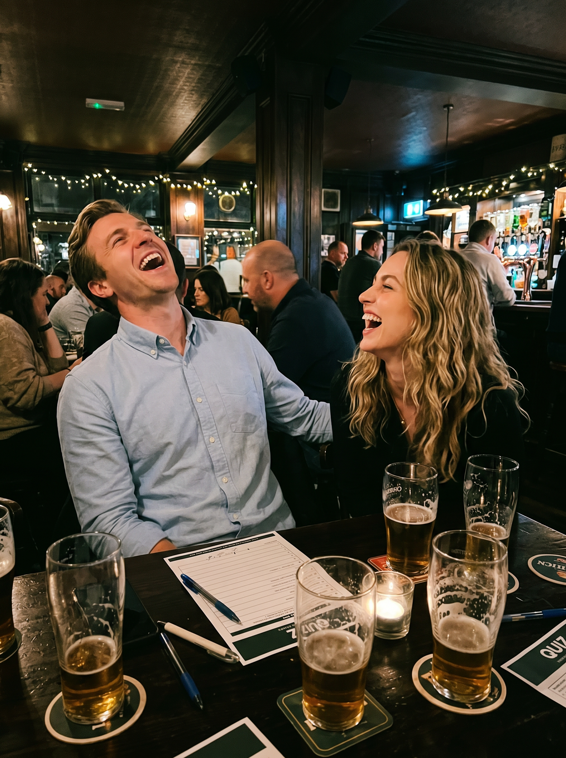 Ben and Olivia mid-laugh at a pub quiz table, scattered beer glasses, moody pub interior