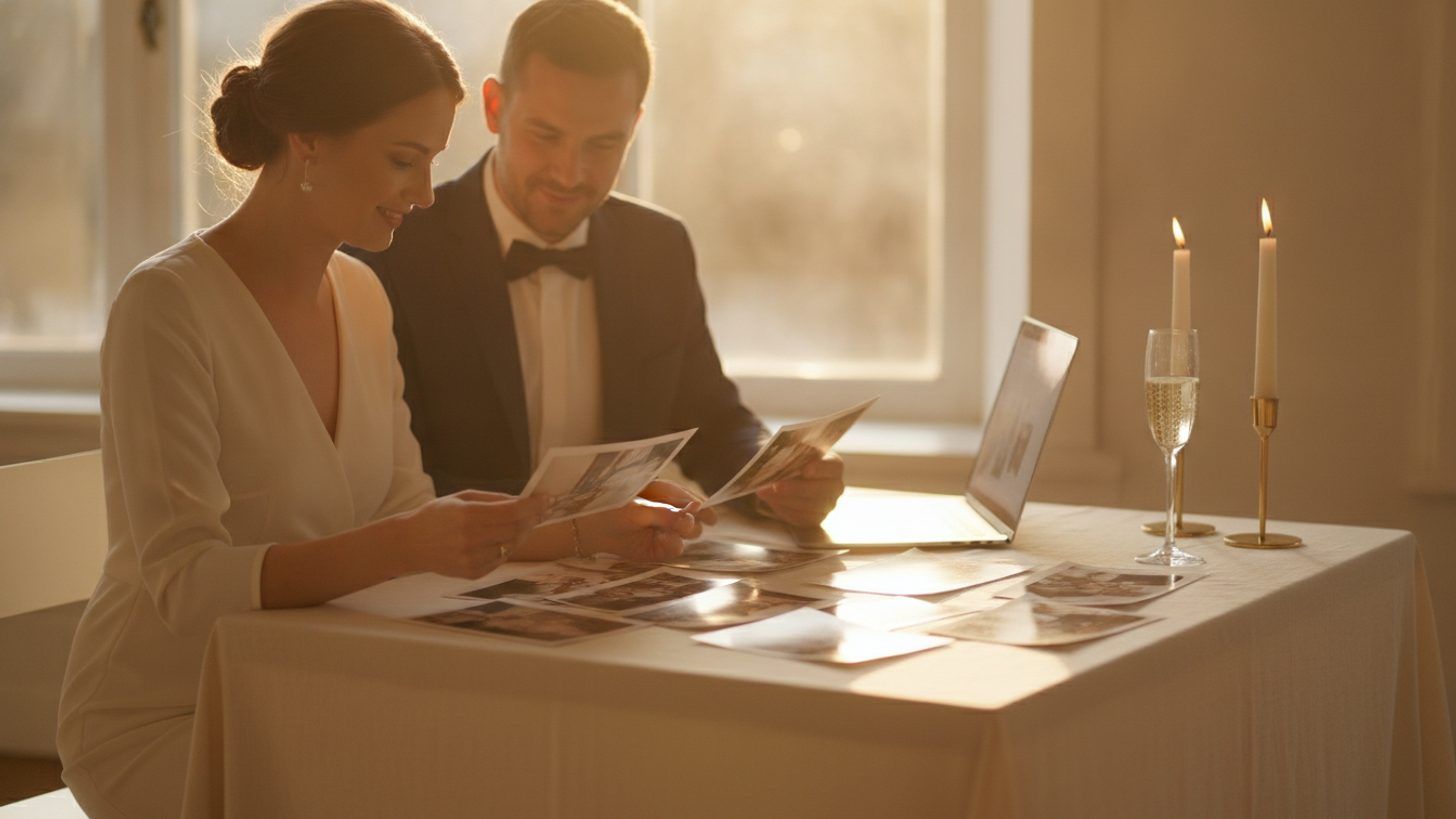 A couple at a linen-covered table in warm evening light, looking through printed wedding photographs together beside an open laptop