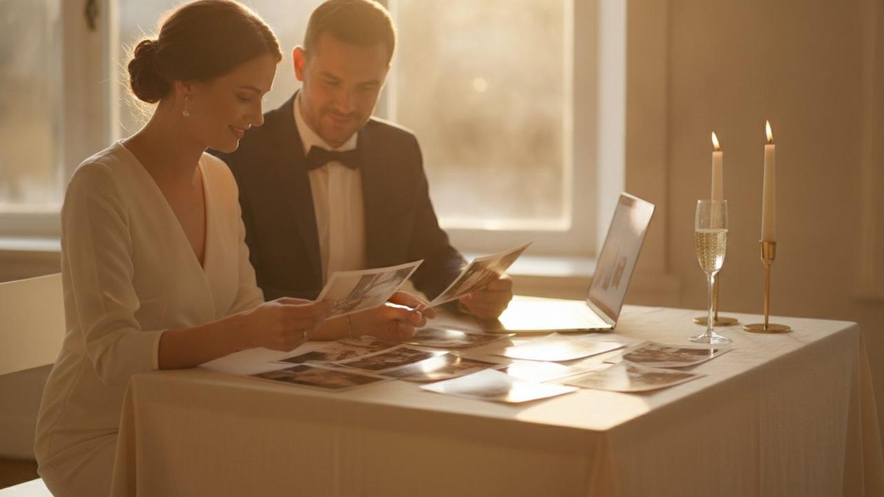 A couple at a linen-covered table in warm evening light, looking through printed wedding photographs together beside an open laptop