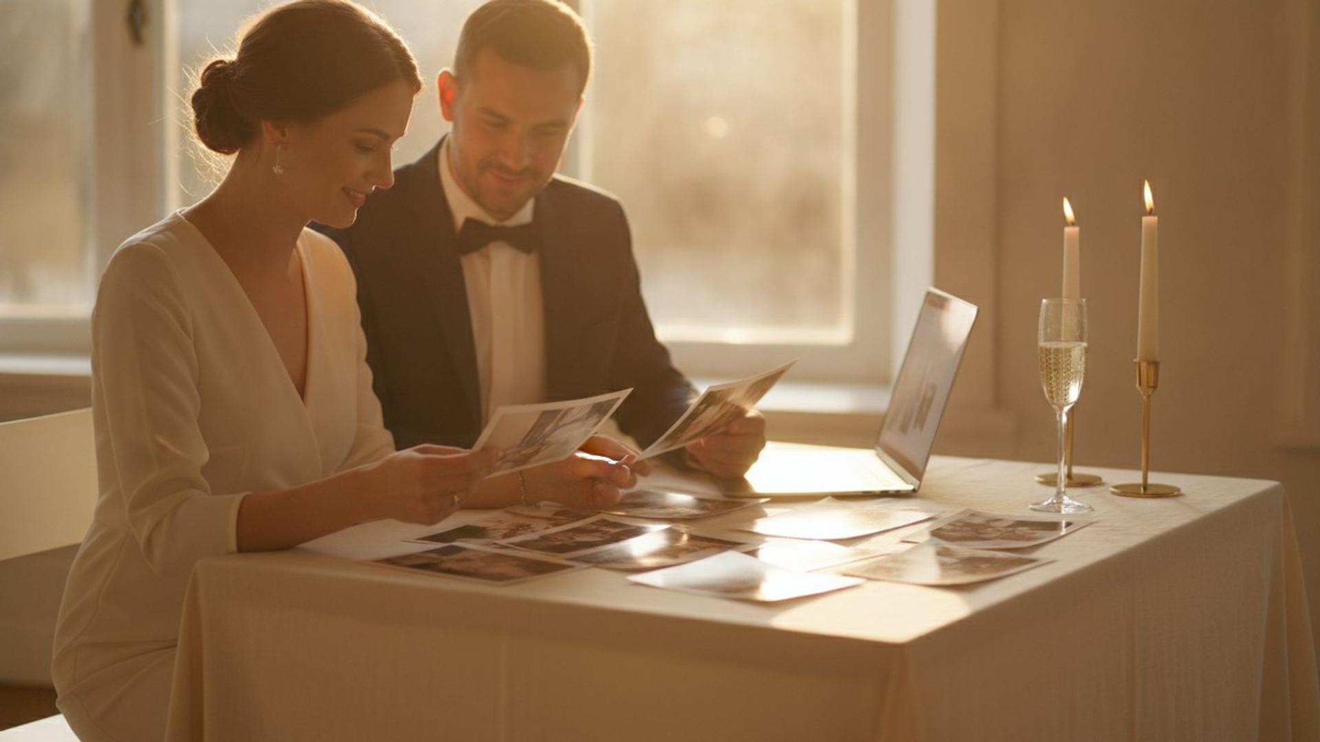 A couple at a linen-covered table in warm evening light, looking through printed wedding photographs together beside an open laptop
