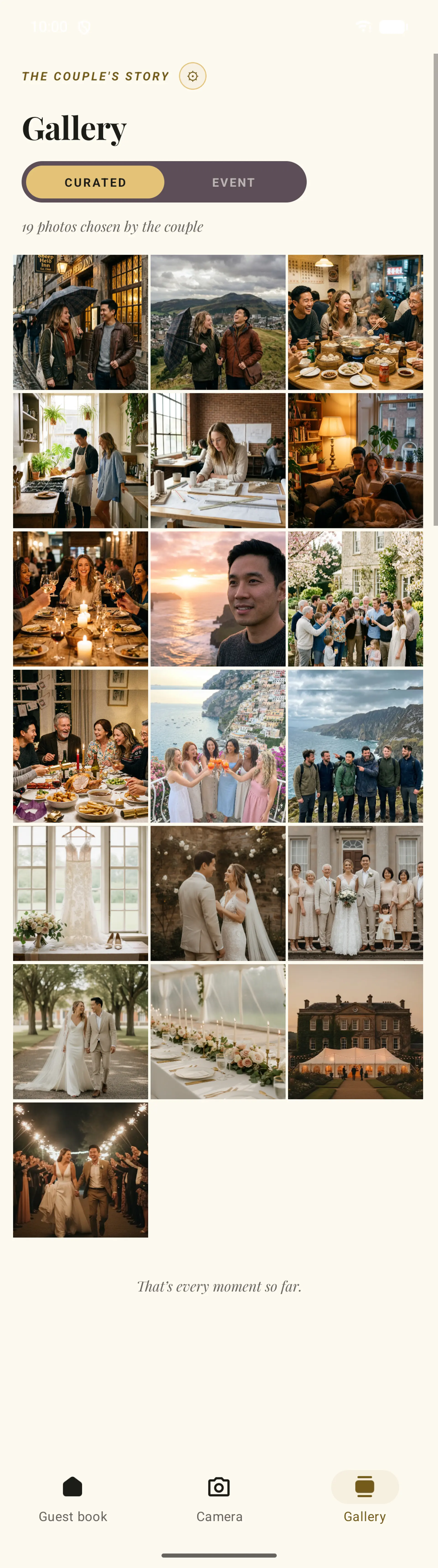 The curated wedding gallery in the Fizz companion app