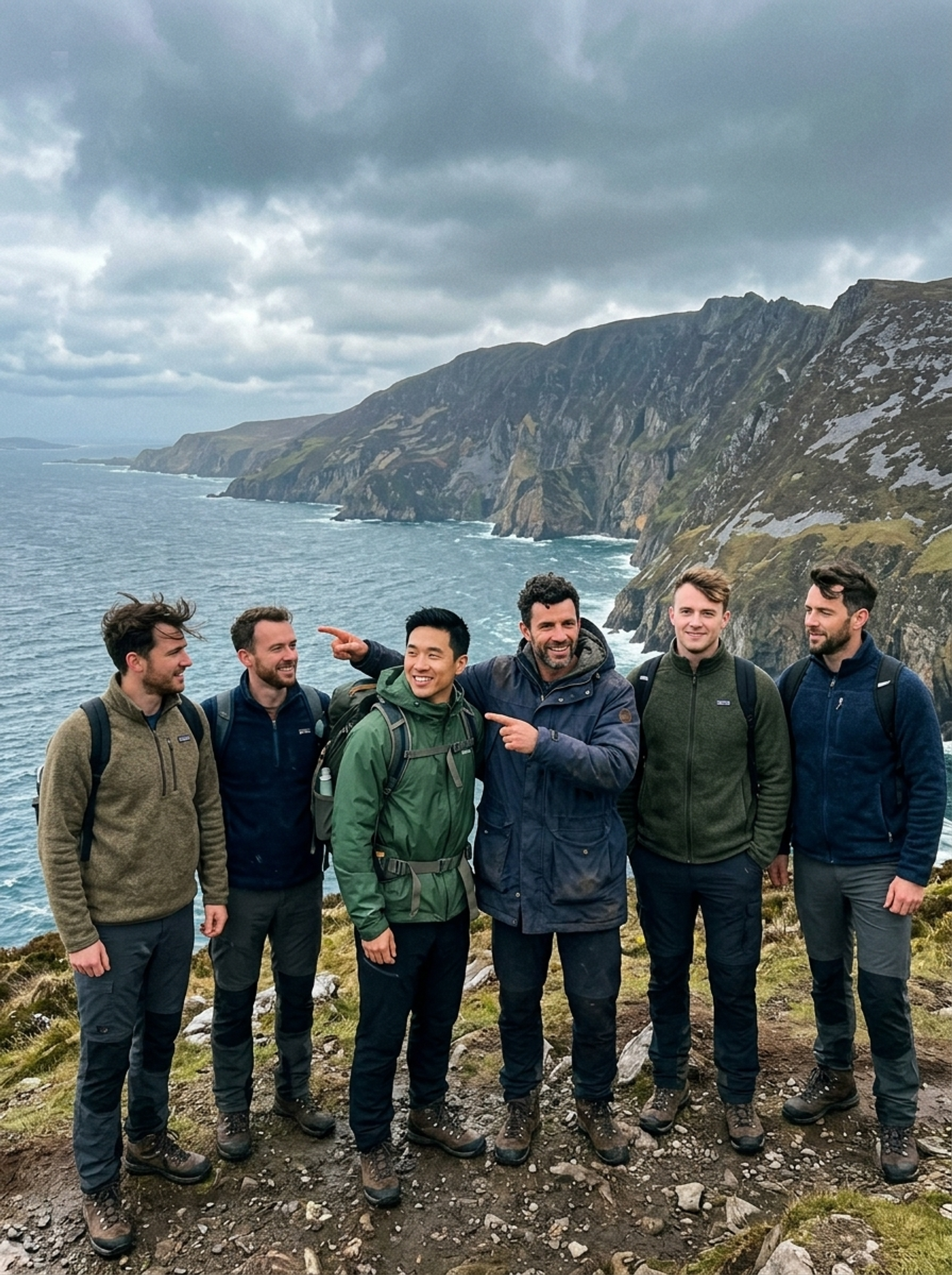 Stag weekend on the Kerry coast — James, Finn and the lads on a cliffside above the Atlantic