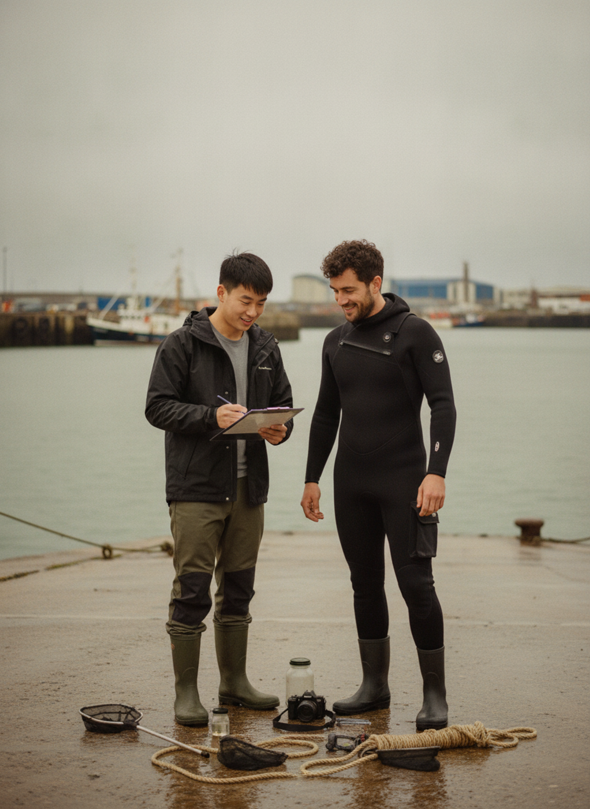 James and Finn as students in wetsuits on a Dublin harbour slipway