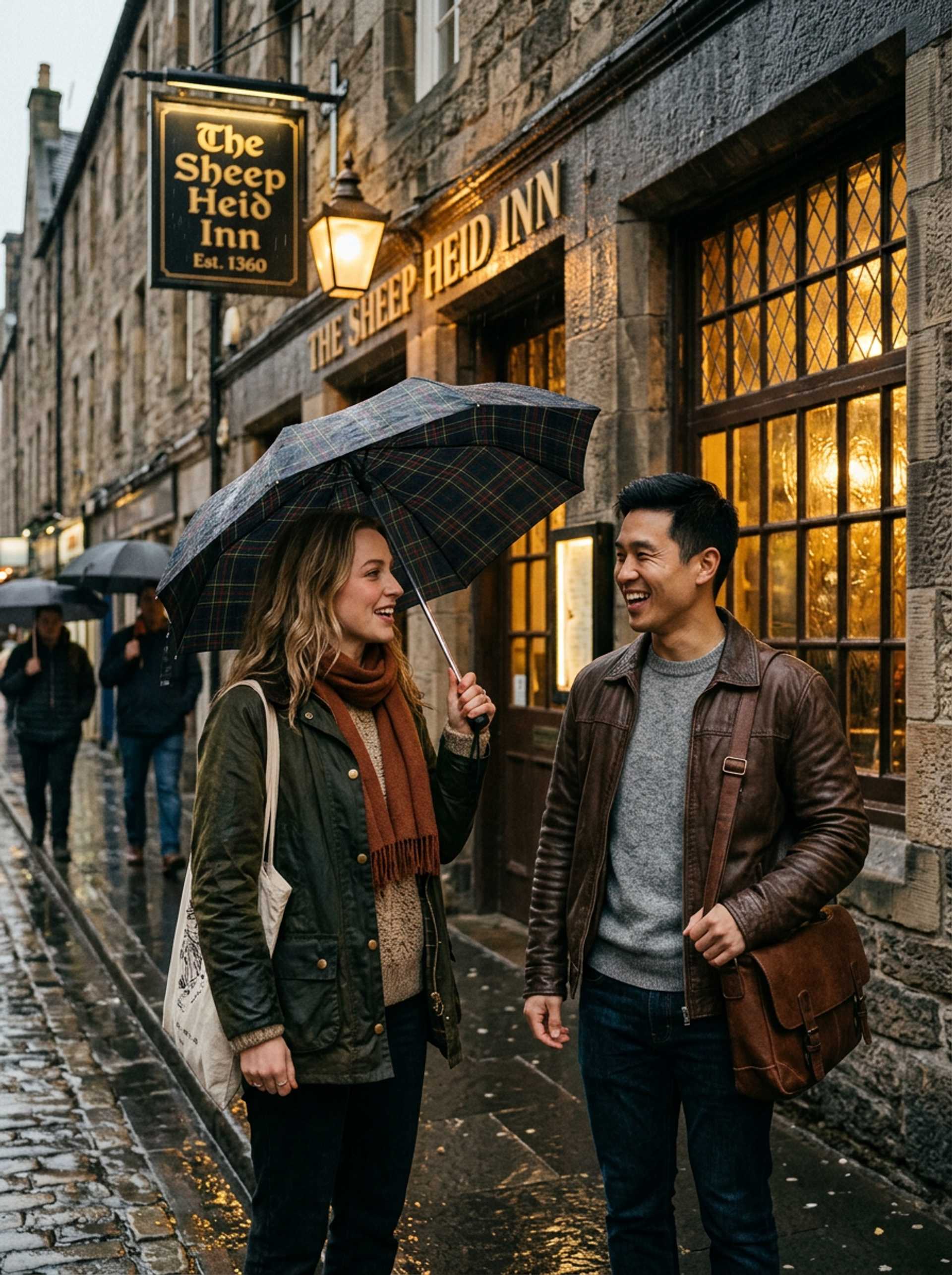 Olivia and James outside an Edinburgh pub, rainy autumn afternoon, the day they met in 2018