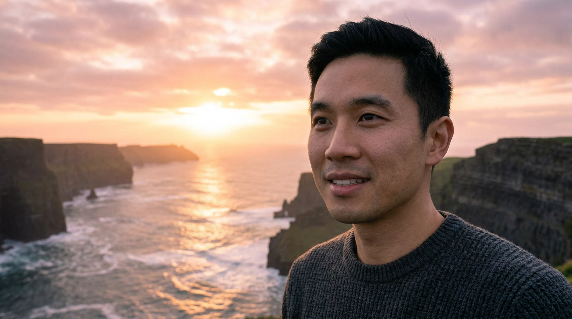 James at the edge of the Cliffs of Moher at sunrise, the morning he proposed