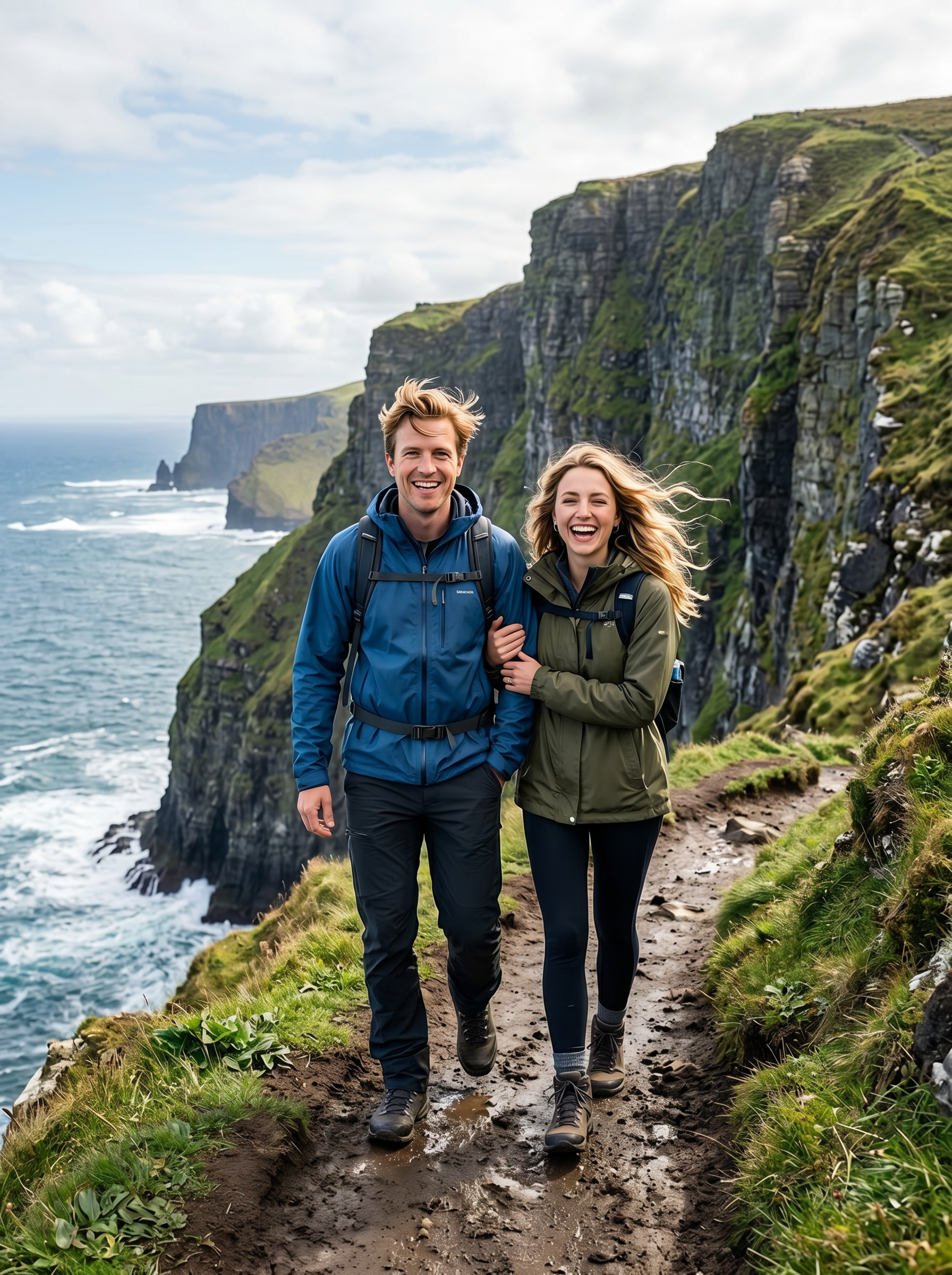 Ben and Olivia hiking a windswept Irish cliff path, arms linked, big smiles