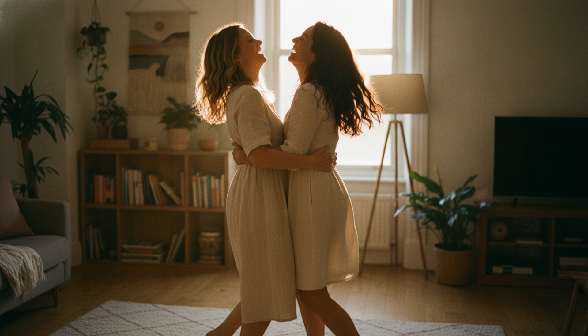 Olivia and Rachel slow-dancing barefoot in a Dublin living room