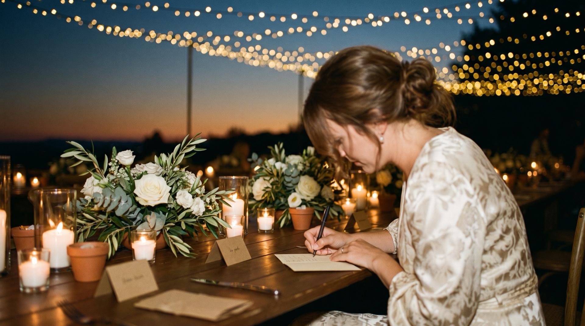 A wedding guest writing a note at a candlelit reception table at dusk, festoon lights strung overhead