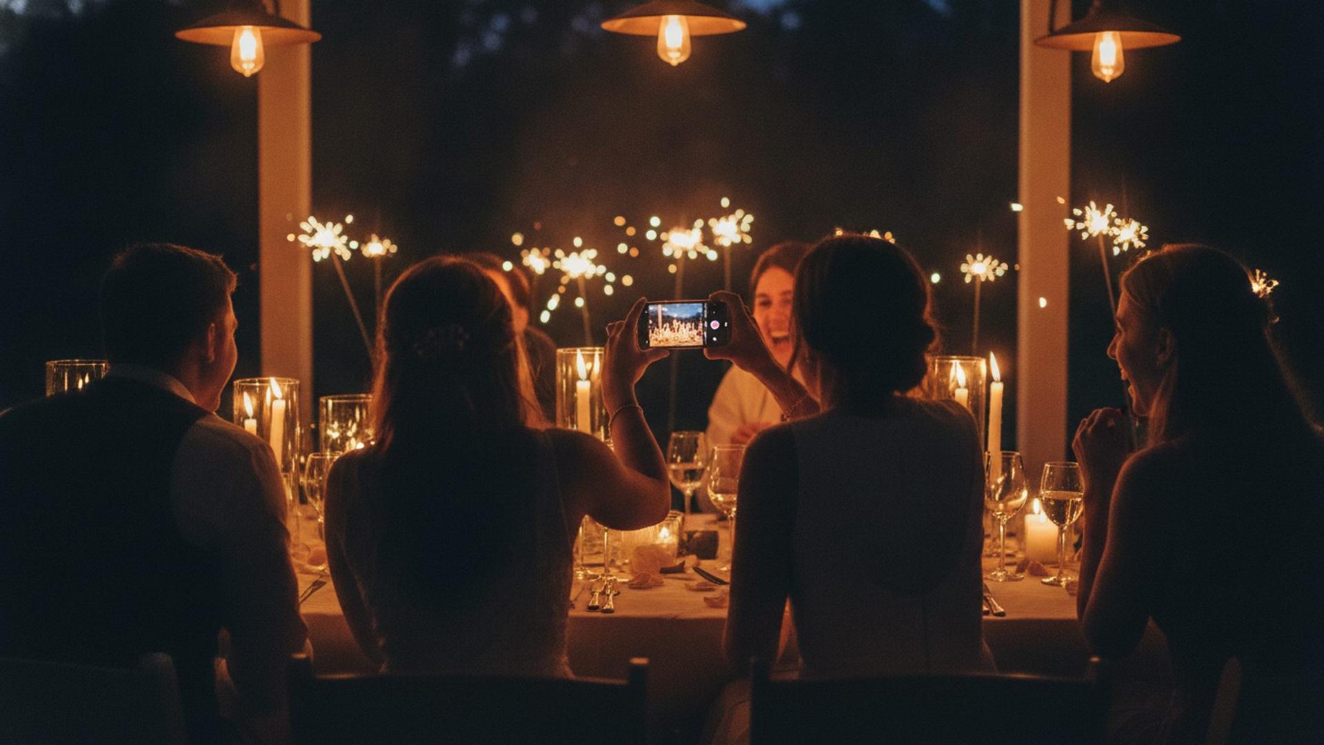 Wedding guests laughing together around a table as one records a video message on a phone