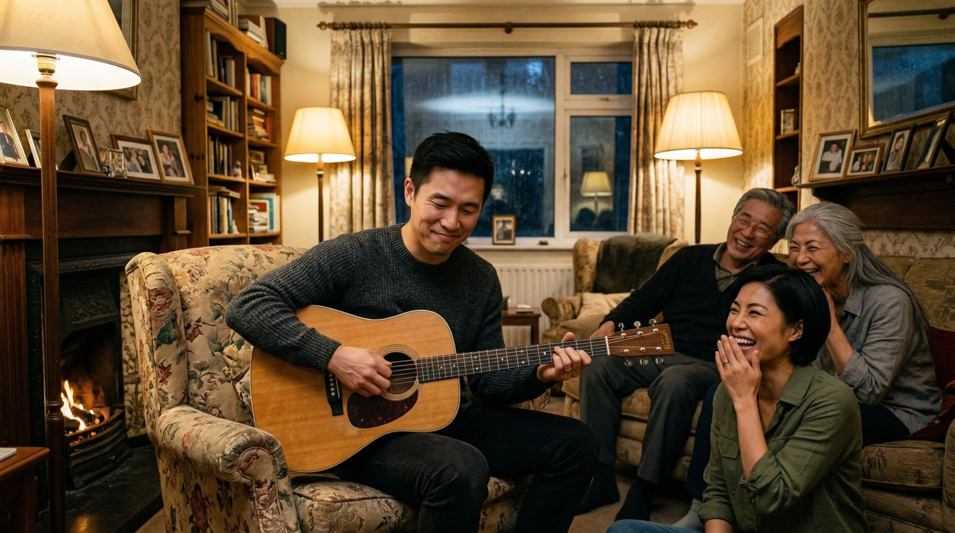 James playing guitar poorly in a Dublin living room while family laughs