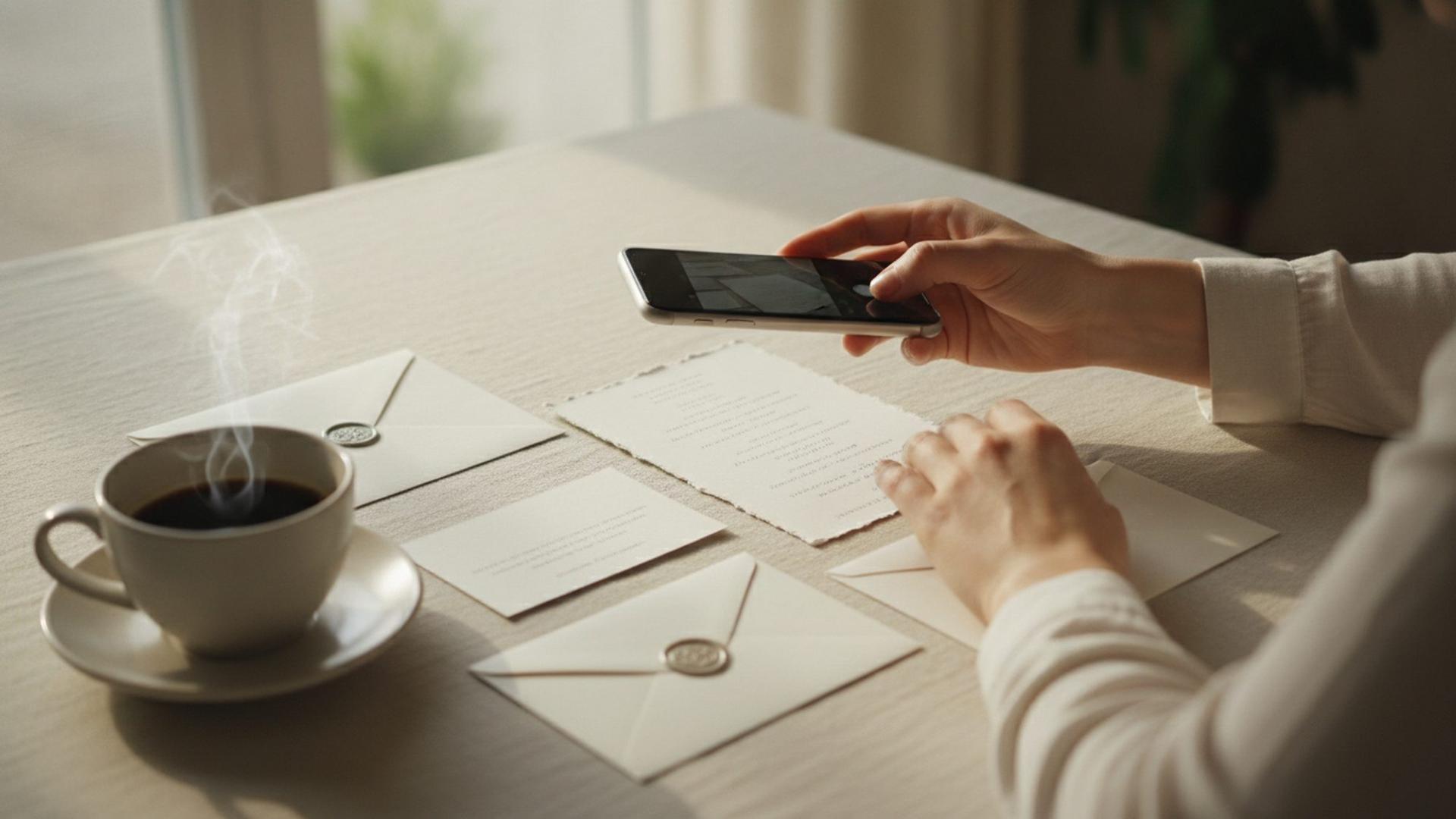 A wedding guest replying to an online RSVP on her phone beside a printed invitation