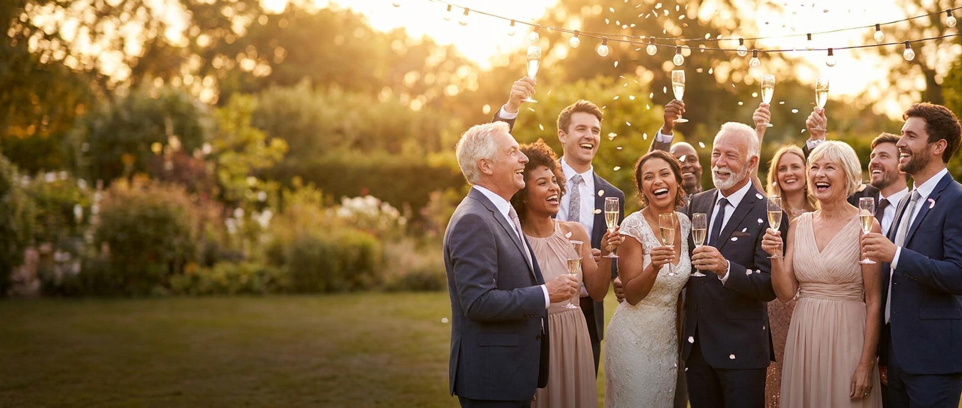 A joyful, diverse group of wedding guests raising champagne glasses together at a warm outdoor golden-hour reception, candid laughter and falling confetti as they celebrate the couple