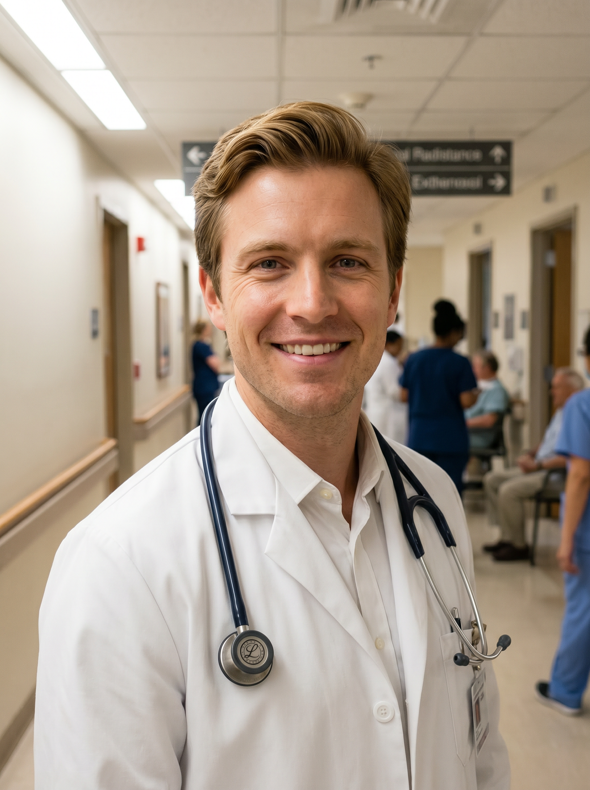 Ben in scrubs and stethoscope in a hospital corridor, a candid healthcare portrait