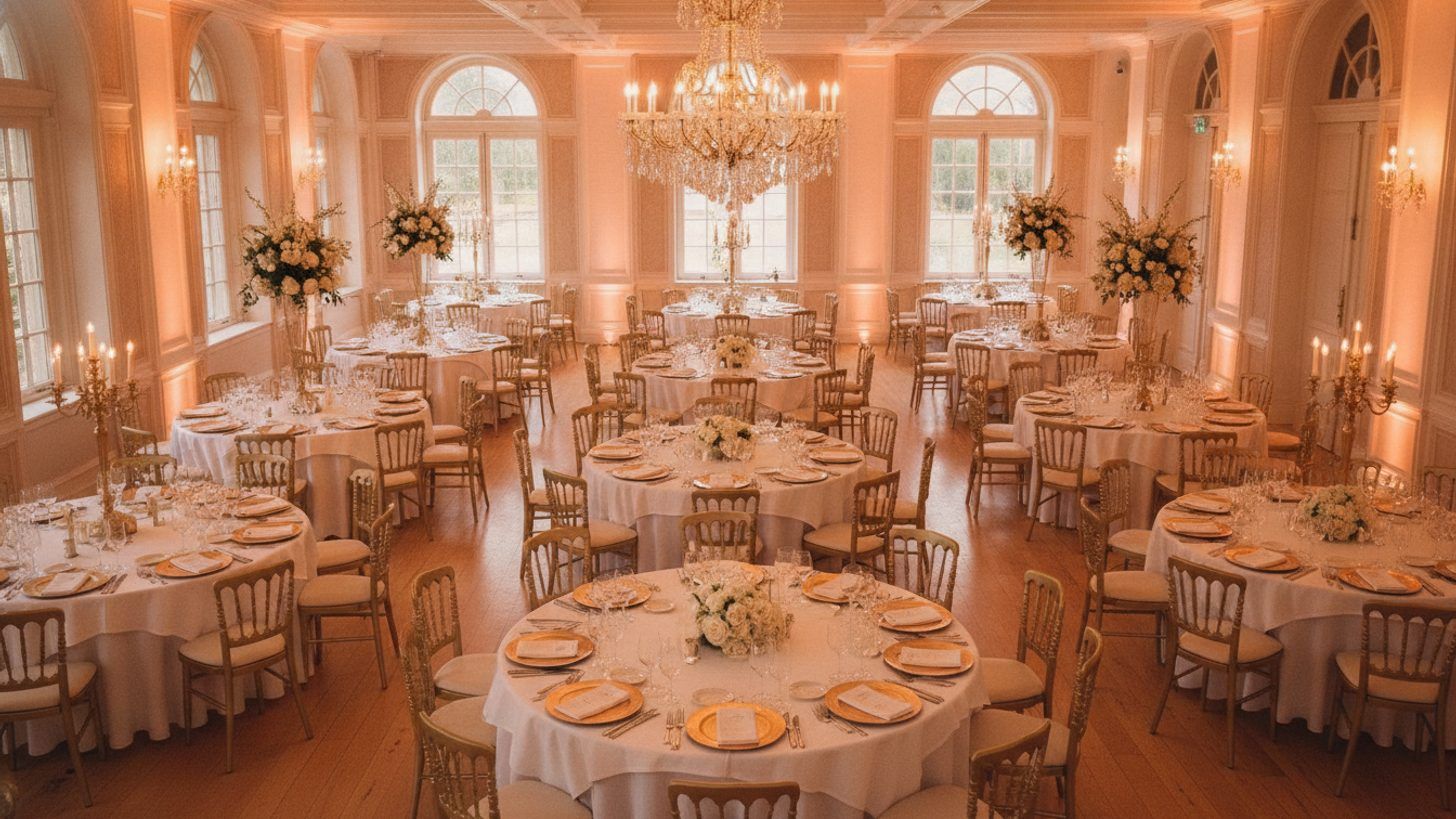 Rows of round wedding reception tables set with white linens and gold accents in a large sunlit venue, seen from above