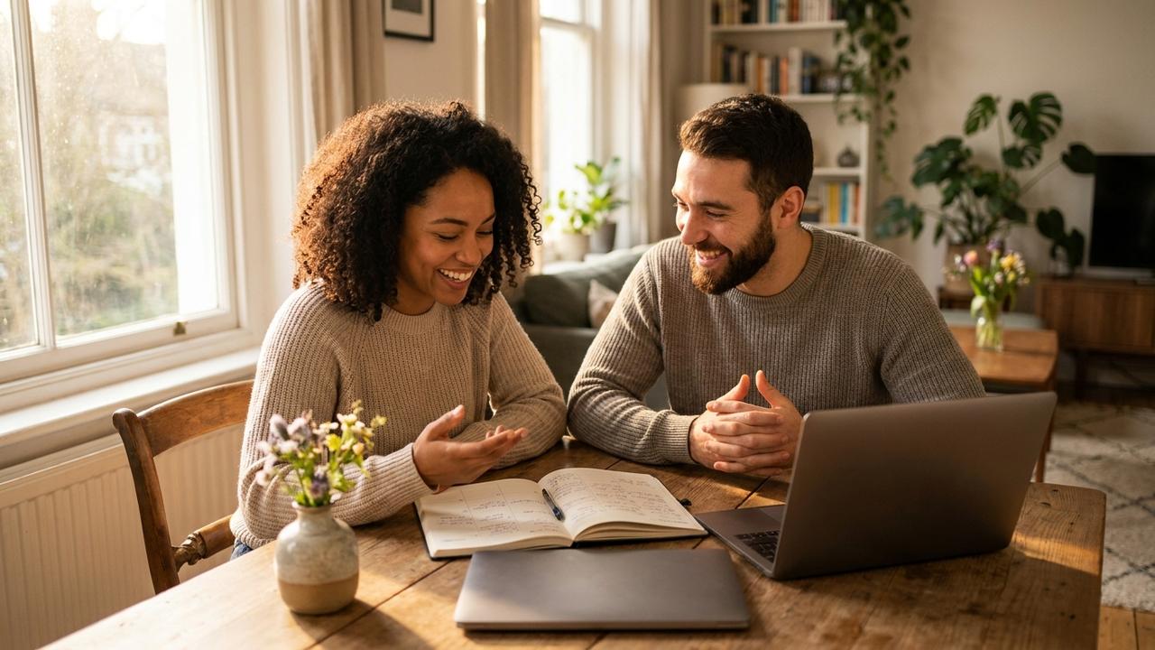 A happy, diverse engaged couple planning their wedding together at home with a planner and a laptop