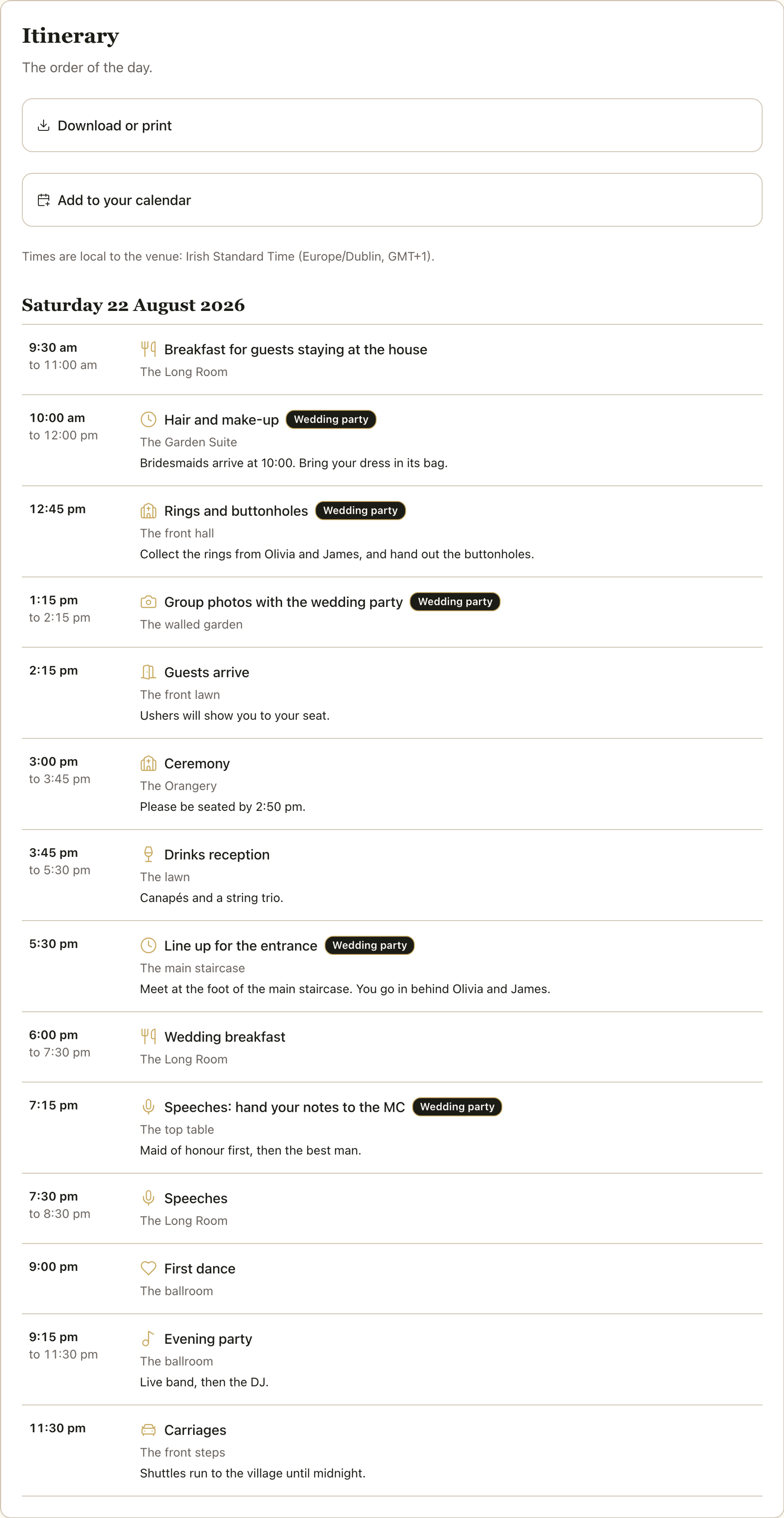 The wedding page Itinerary as the best man sees it, with Download or print and Add to your calendar buttons above Saturday 22 August 2026, from a 9:30 am breakfast to 11:30 pm carriages. Extra items carry a Wedding party label: hair and make-up, rings and buttonholes, group photos with the wedding party, lining up for the entrance and handing speech notes to the MC.