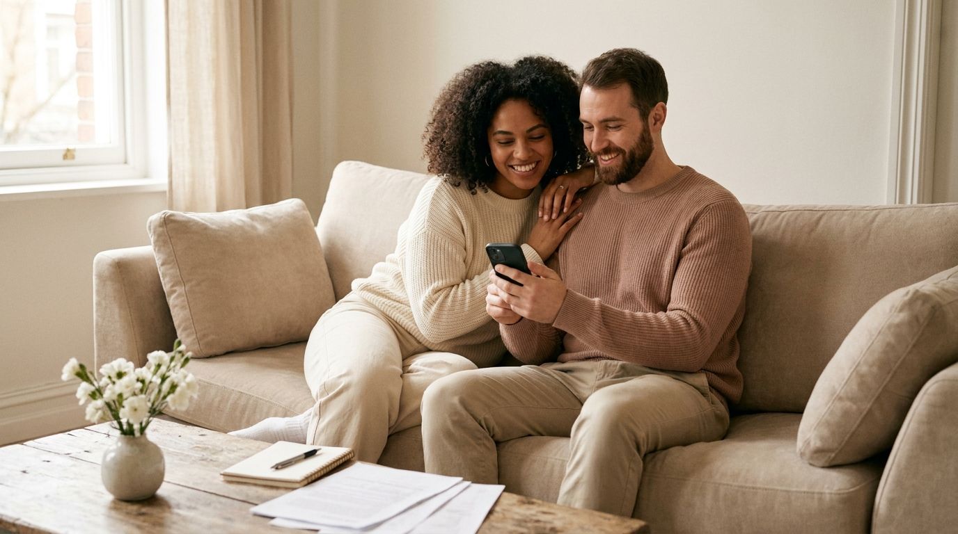 A happy, diverse engaged couple sitting together at home, smiling as they look at a phone while planning their wedding, with a notebook and flowers nearby