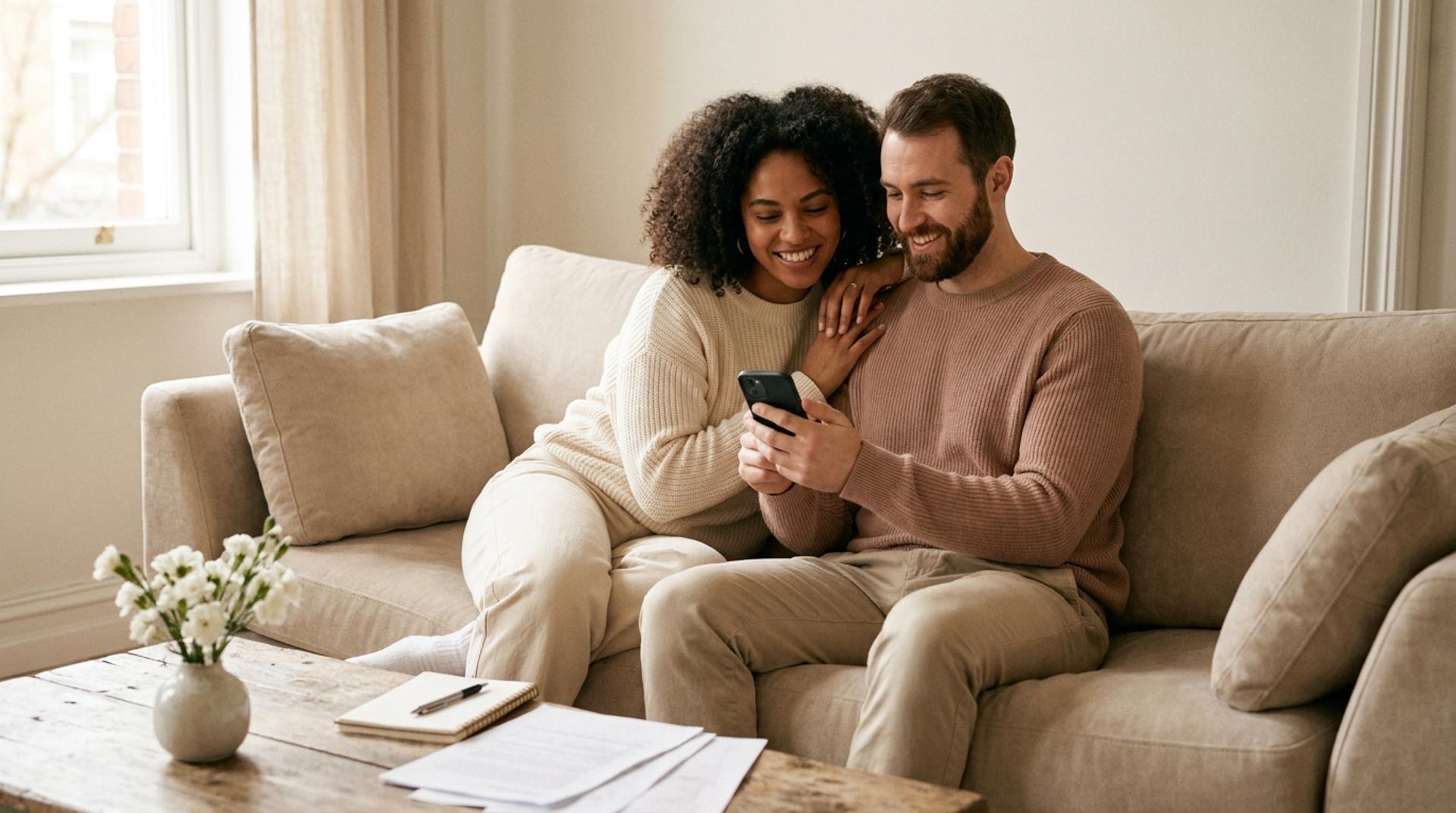 A happy, diverse engaged couple sitting together at home, smiling as they look at a phone while planning their wedding, with a notebook and flowers nearby