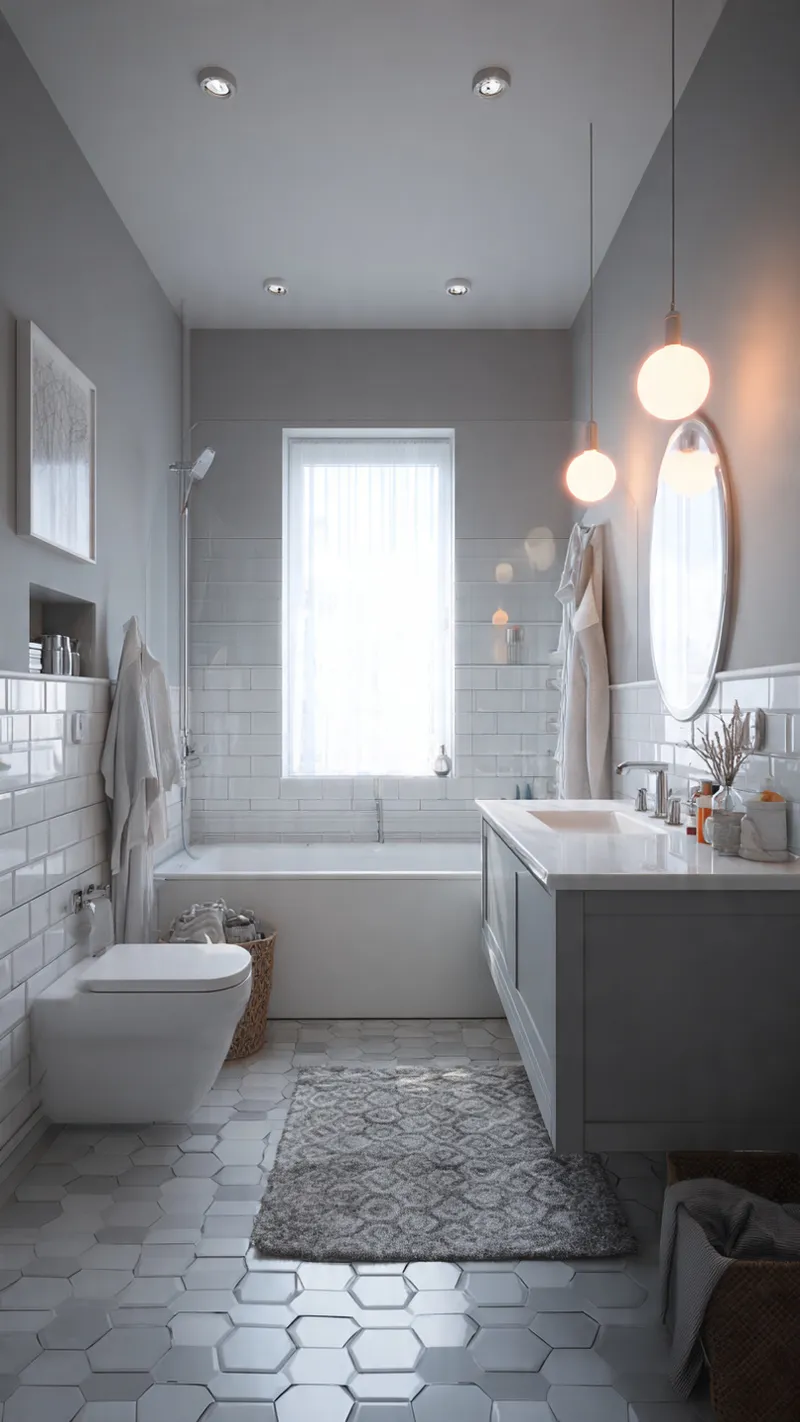 stilrent bad med hvite fliser og badekar