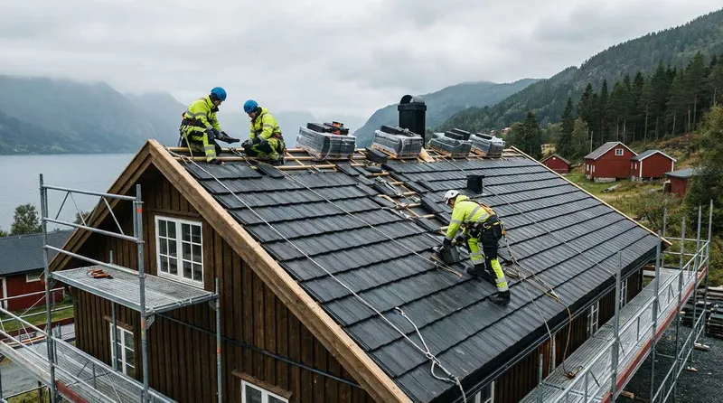 Profesjonelle taktekkere som legger nye takstein på norsk hus
