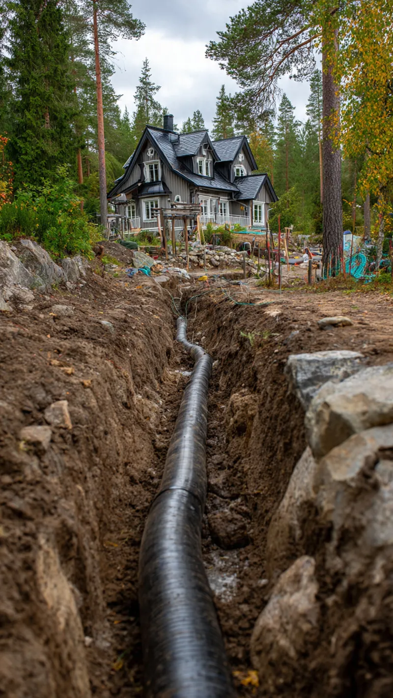 Lang denerings renne for å lede vann bort fra enebolig