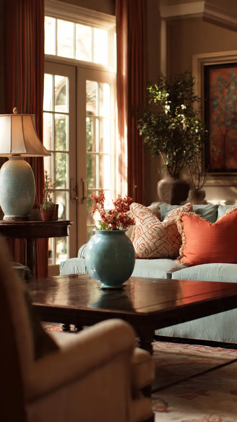 Interiørdesigner stue med fargerike møbler og klasssisk interiør