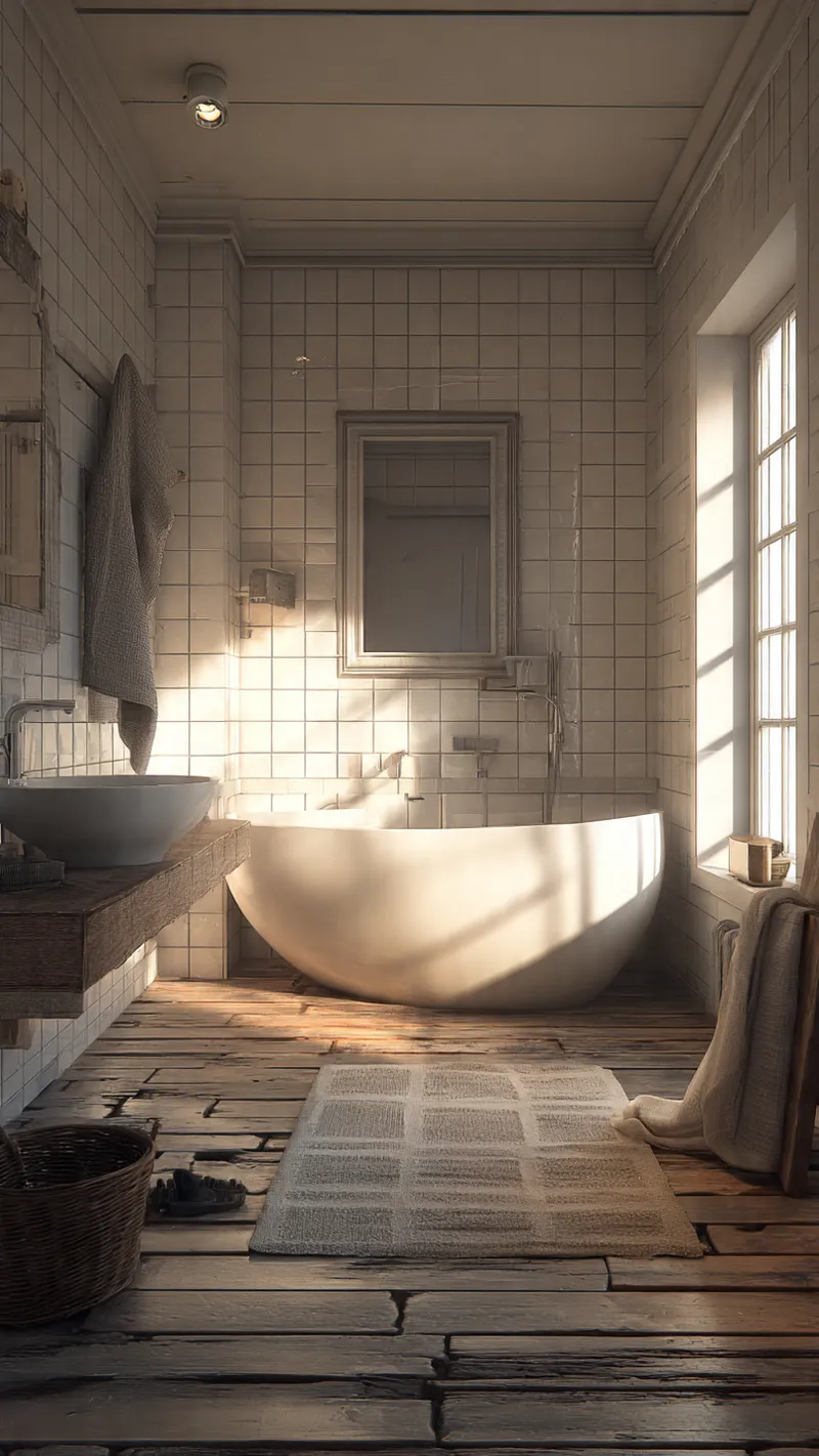 Skandinavisk bad med steingulv og klassiske orginale fliser